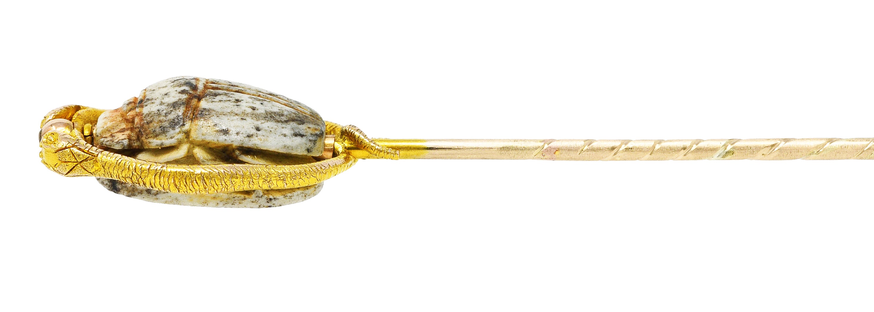 Victorian Egyptian Revival Hardstone 18 Karat Two-Tone Gold Scarab Snake Antique Stickpin Wilson's Estate Jewelry