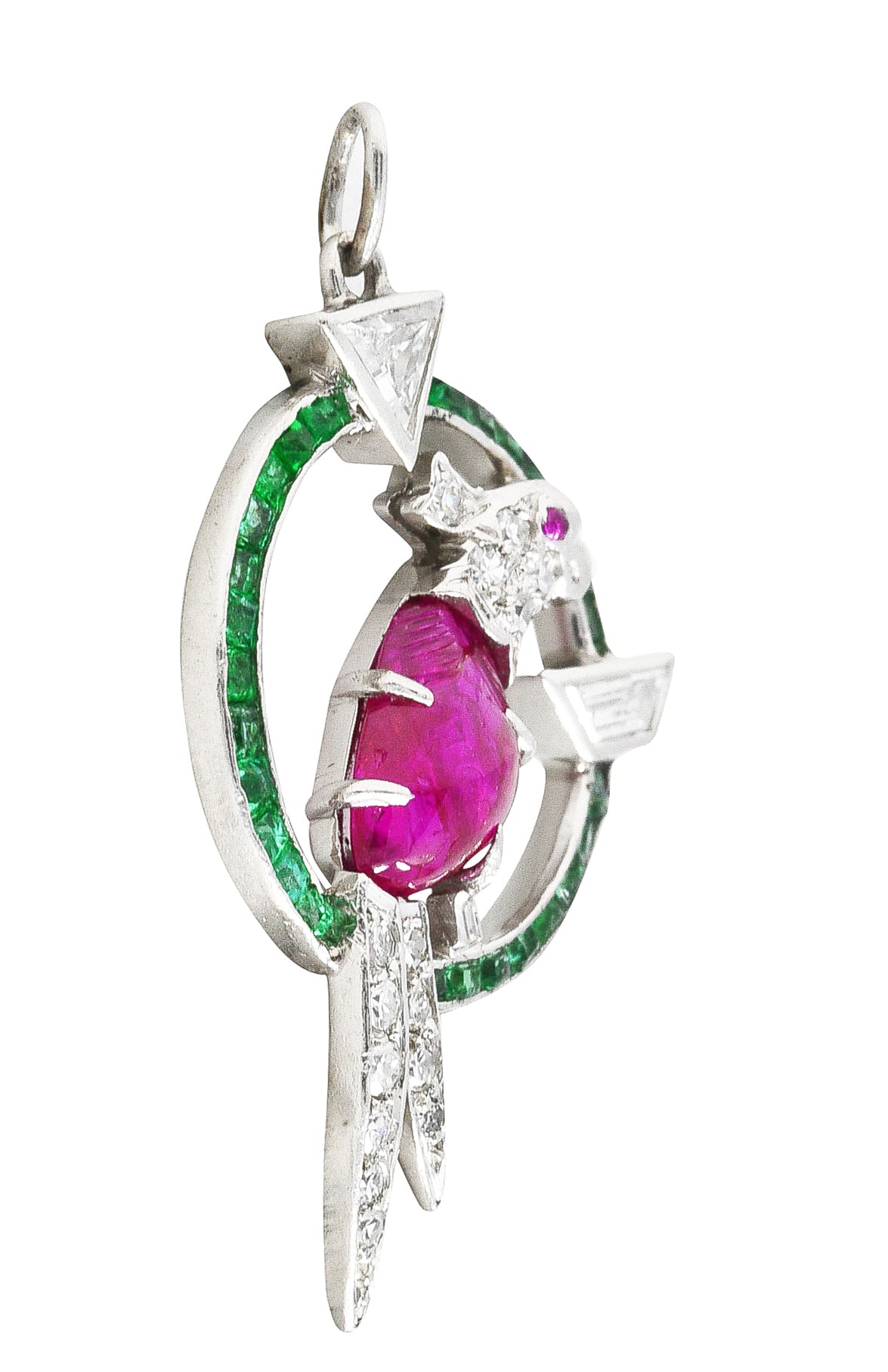 Art Deco Emerald Diamond Mughal Ruby Platinum Cockatiel Bird Charm Wilson's Estate Jewelry