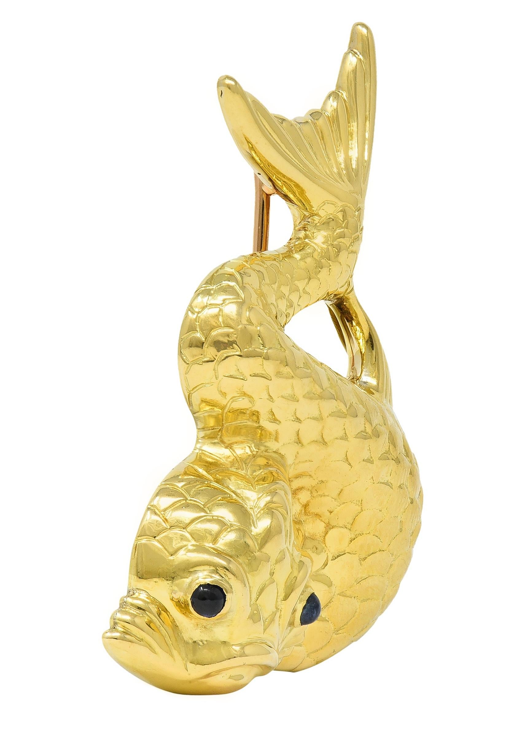 Tiffany & Co. 1950's Sapphire 18 Karat Yellow Gold Vintage Koi Fish Brooch