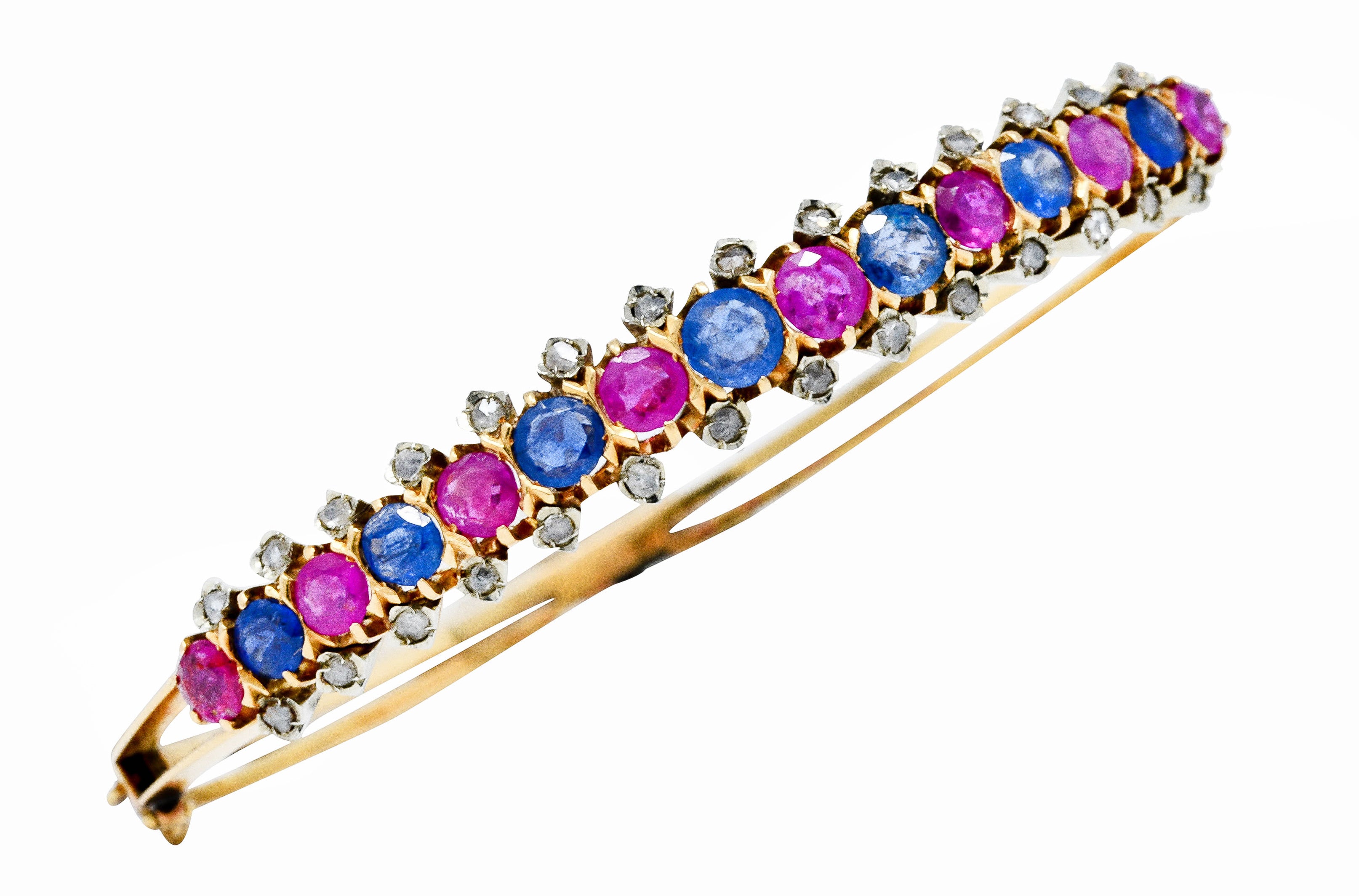 Retro 4.40 CTW Sapphire Ruby Diamond 18 Karat Two-Tone Bangle Braceletbracelet - Wilson's Estate Jewelry