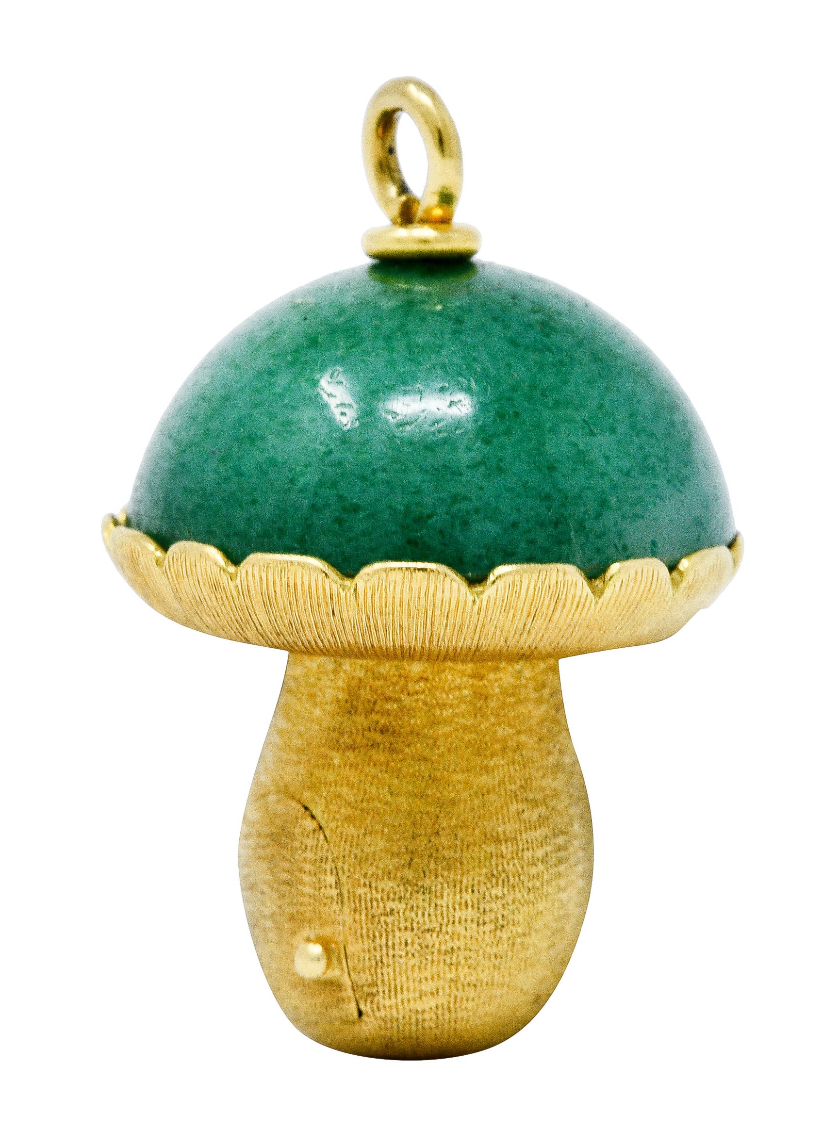 1960's Vintage Aventurine 18 Karat Gold Gnome & Mushroom Pendant CharmNecklace - Wilson's Estate Jewelry