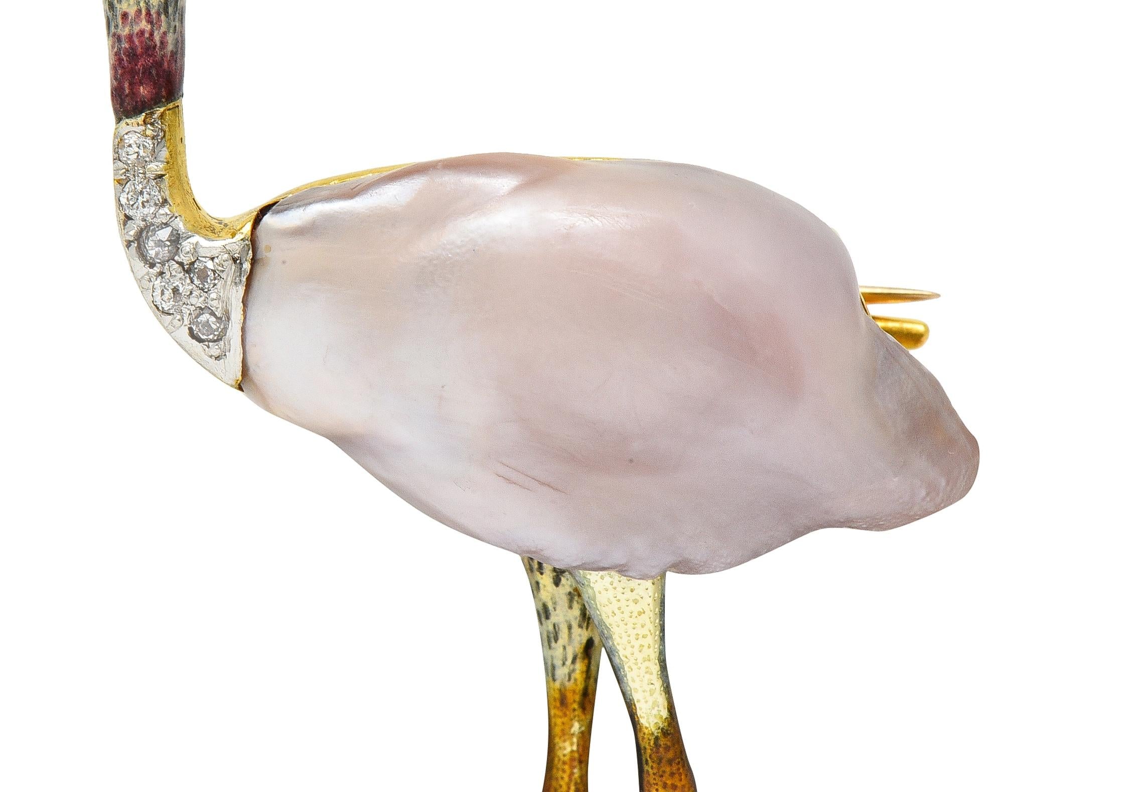 Black Starr & Frost Edwardian Natural Pearl Diamond 14K Gold Ostrich Bird Brooch