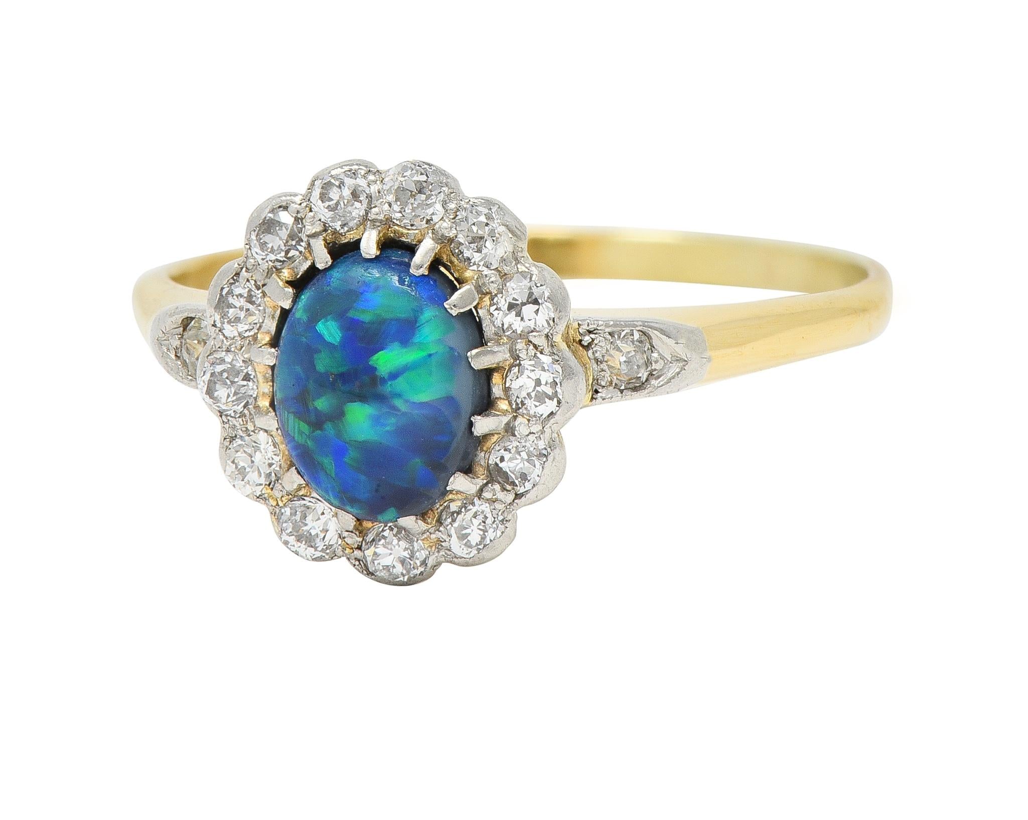 Edwardian 0.42 CTW Opal Diamond Platinum 18 Karat Yellow Gold Antique Halo Ring