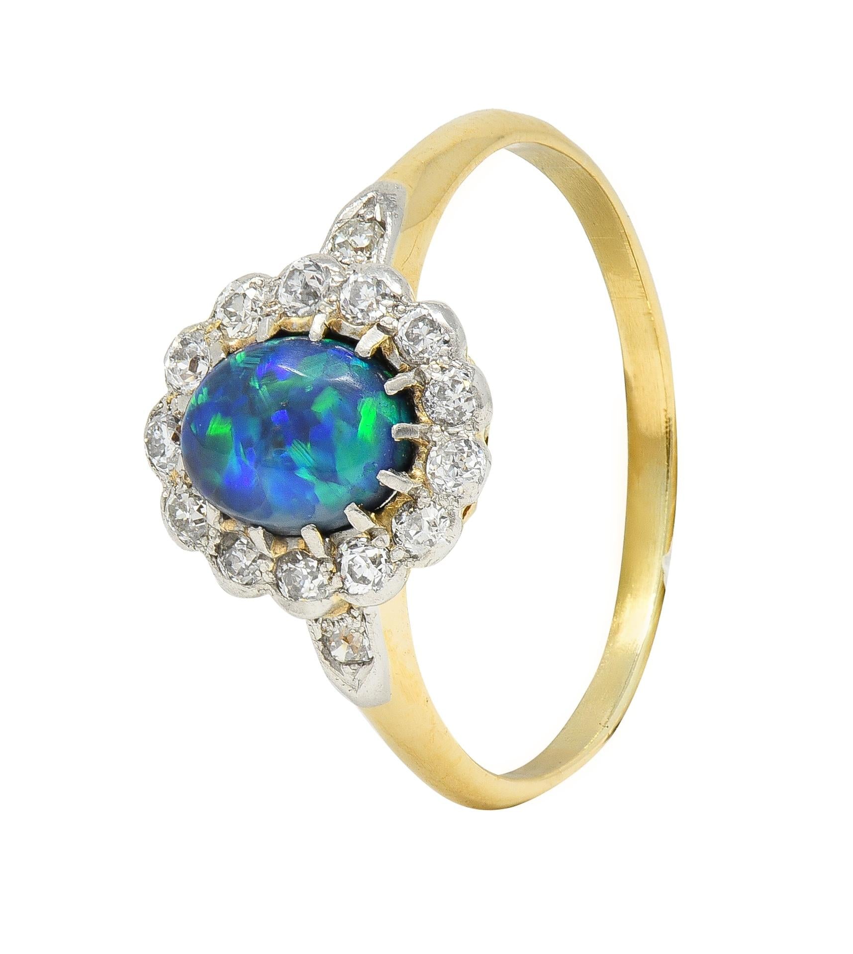 Edwardian 0.42 CTW Opal Diamond Platinum 18 Karat Yellow Gold Antique Halo Ring