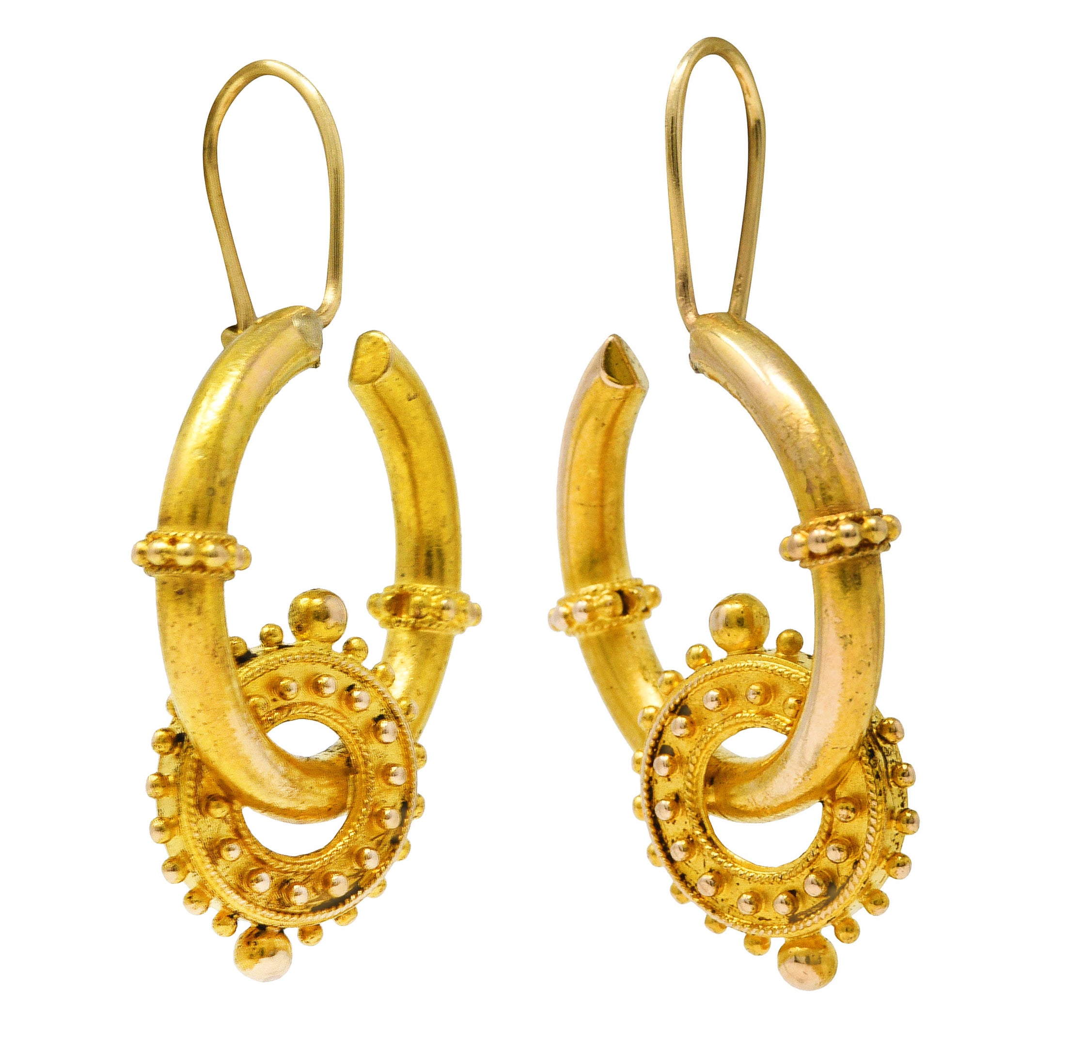 Victorian Etruscan Revival 14 Karat Yellow Gold Interlocked Hoop Antique Earrings Wilson's Estate Jewelry