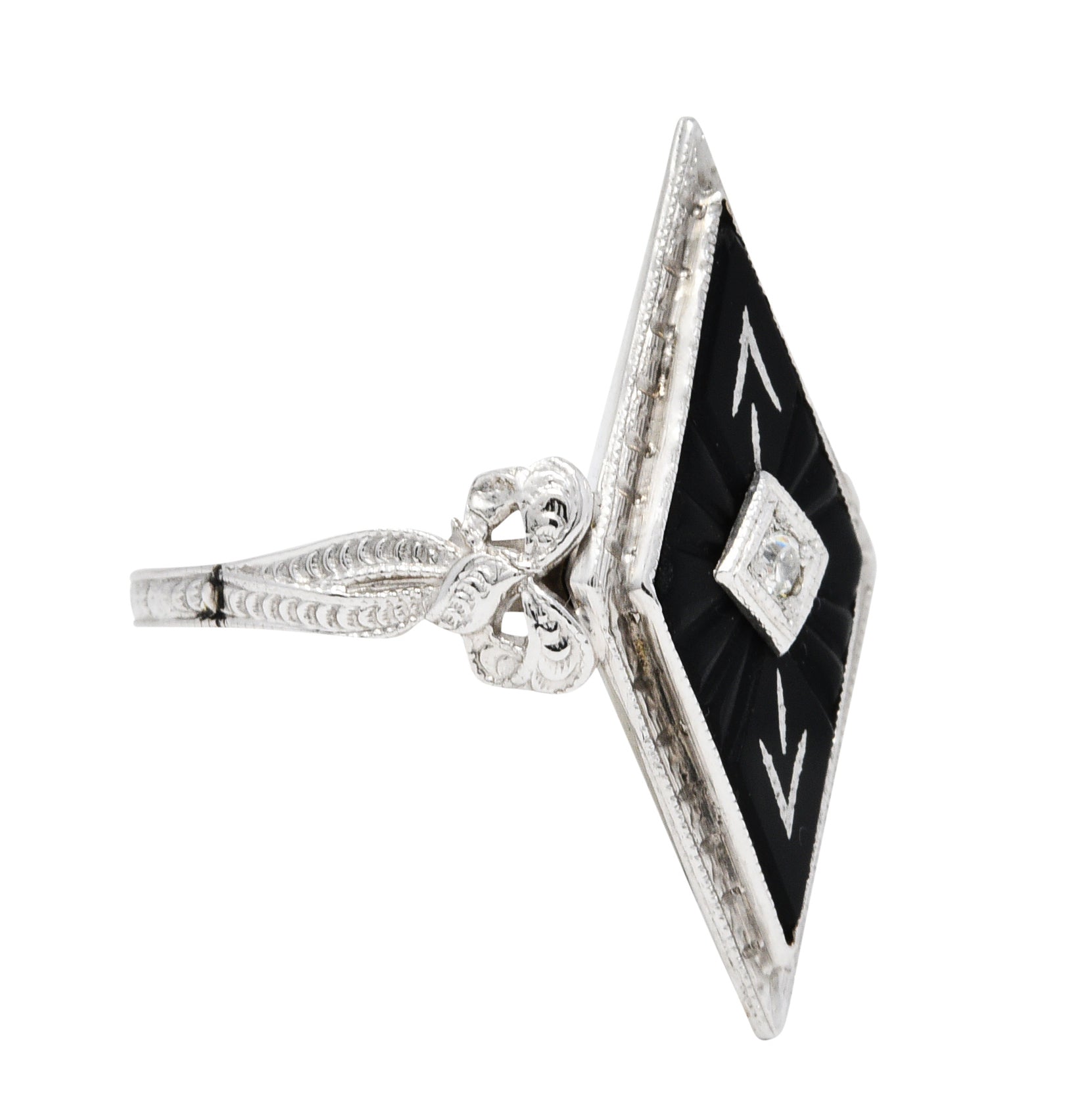 Art Deco Diamond Onyx 14 Karat White Gold Navette Dinner RingRing - Wilson's Estate Jewelry