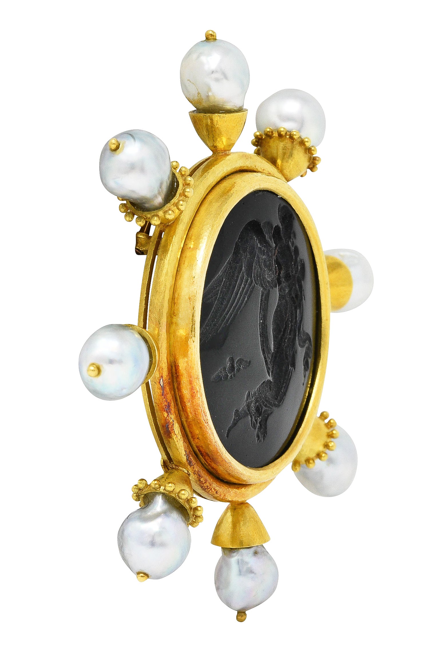 Elizabeth Locke Baroque Pearl Black Venetian Glass 18 Karat Yellow Gold Goddess Nyx Intaglio Vintage Brooch Wilson's Estate Jewelry