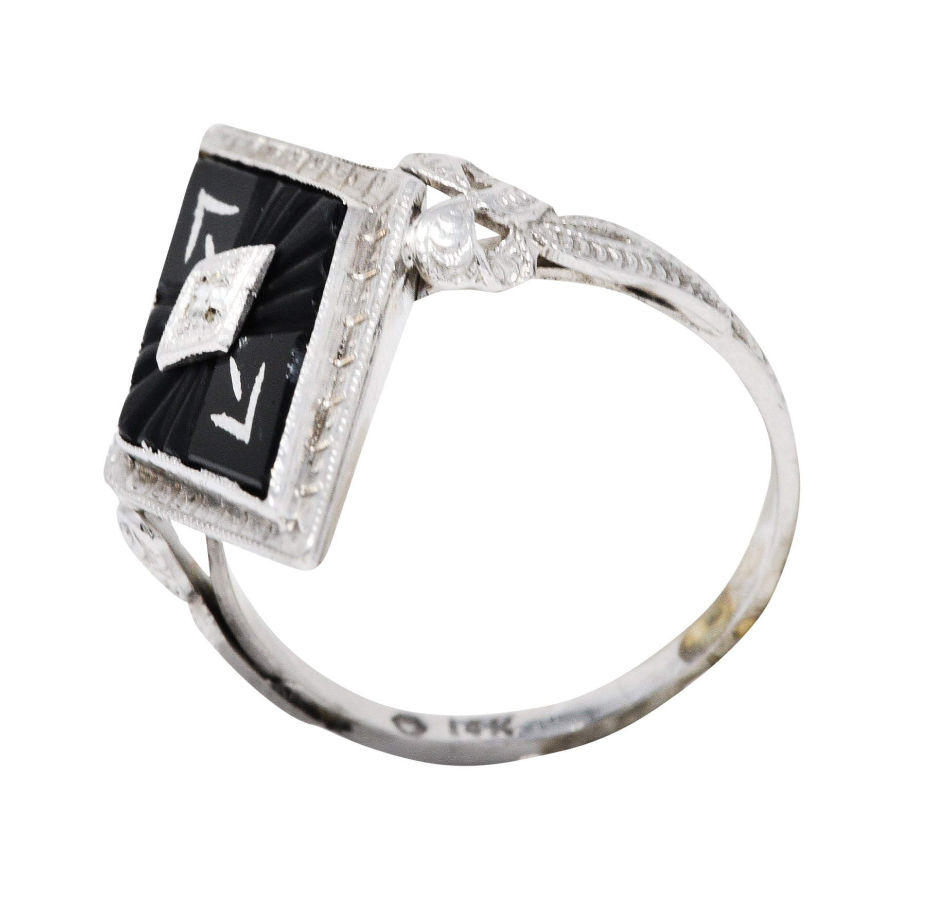 Art Deco Diamond Onyx 14 Karat White Gold Navette Dinner RingRing - Wilson's Estate Jewelry