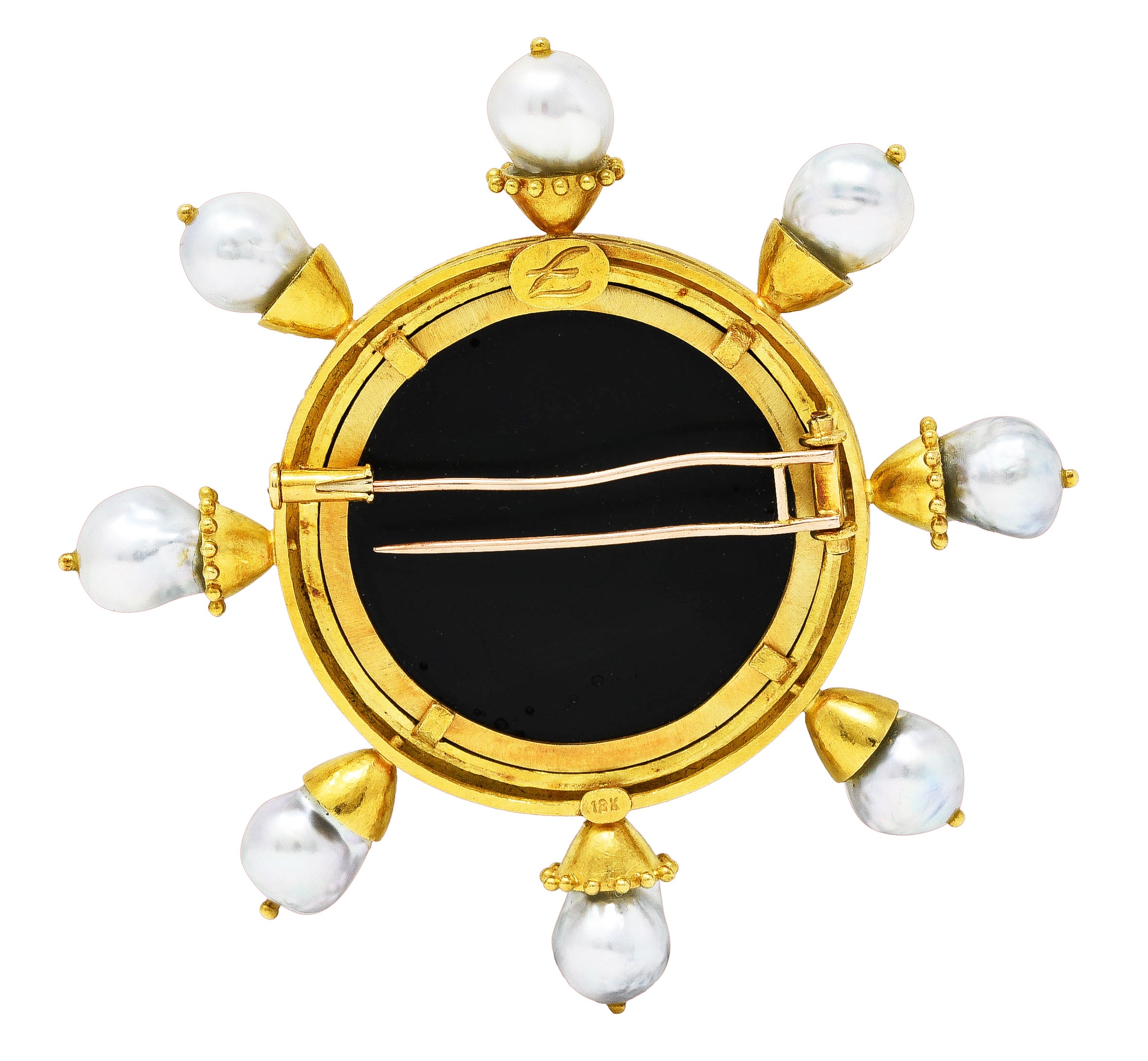 Elizabeth Locke Baroque Pearl Black Venetian Glass 18 Karat Yellow Gold Goddess Nyx Intaglio Vintage Brooch Wilson's Estate Jewelry