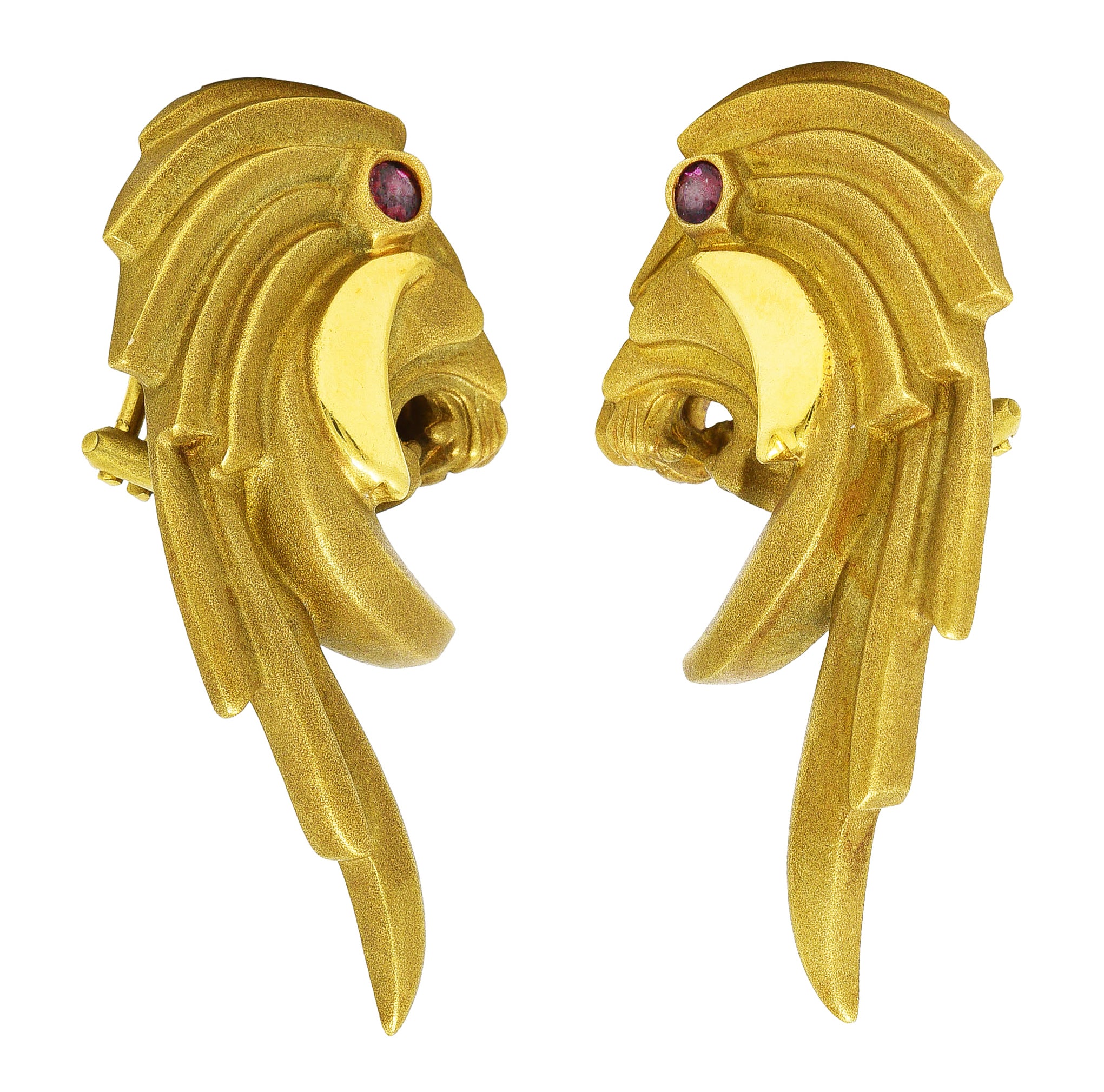 Cameron Designs Modernist Ruby 18 Karat Yellow Gold Geometric Lion Earrings Wilson's Estate Jewelry