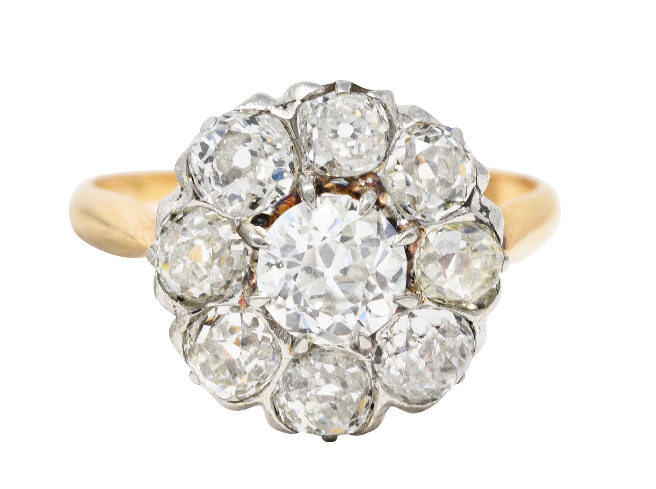 Edwardian 2.40 CTW Old European & Mine Cut Diamond Platinum-Topped 18 Karat Yellow Gold Antique Cluster Engagement Ring Wilson's Estate Jewelry