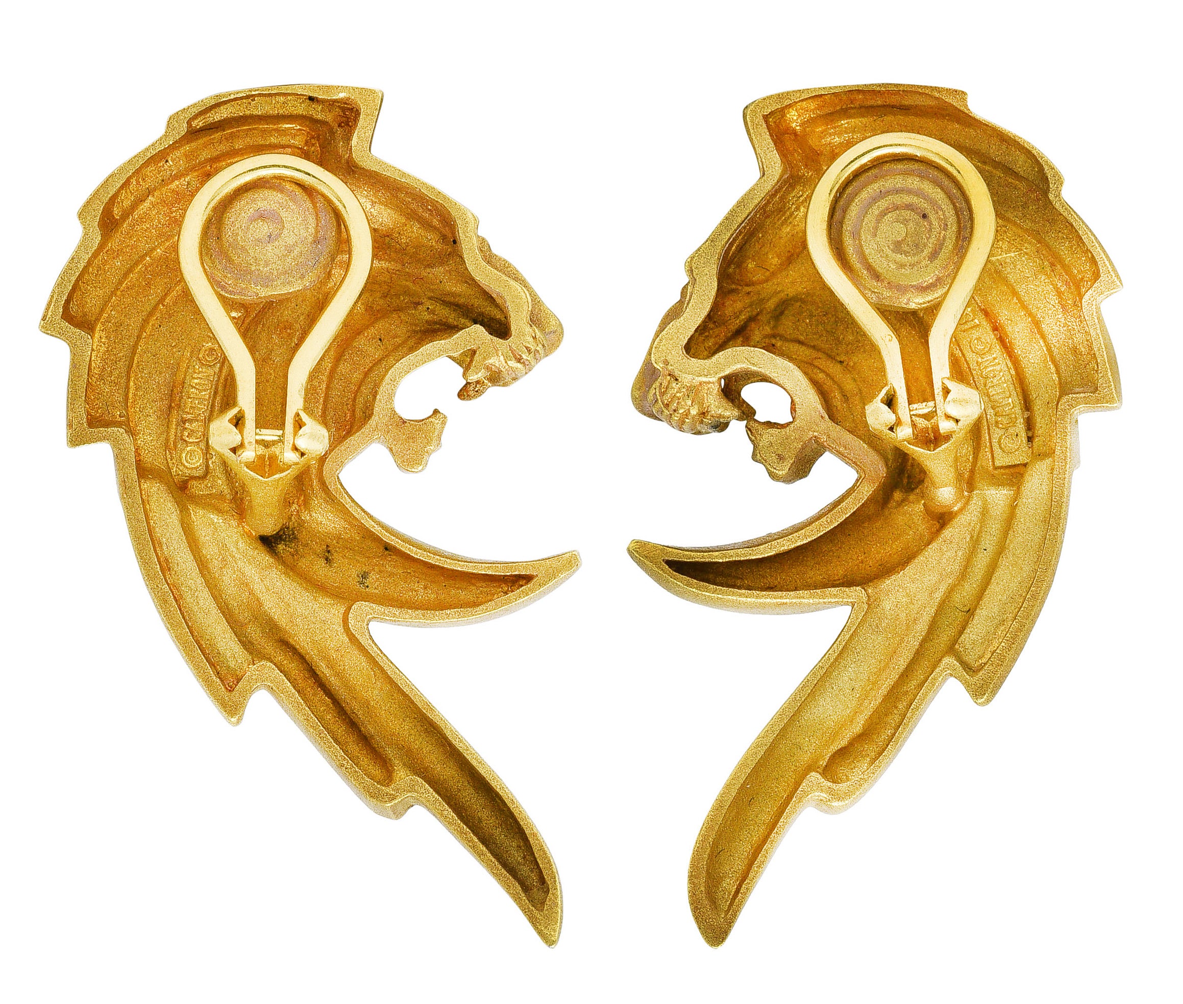 Cameron Designs Modernist Ruby 18 Karat Yellow Gold Geometric Lion Earrings Wilson's Estate Jewelry