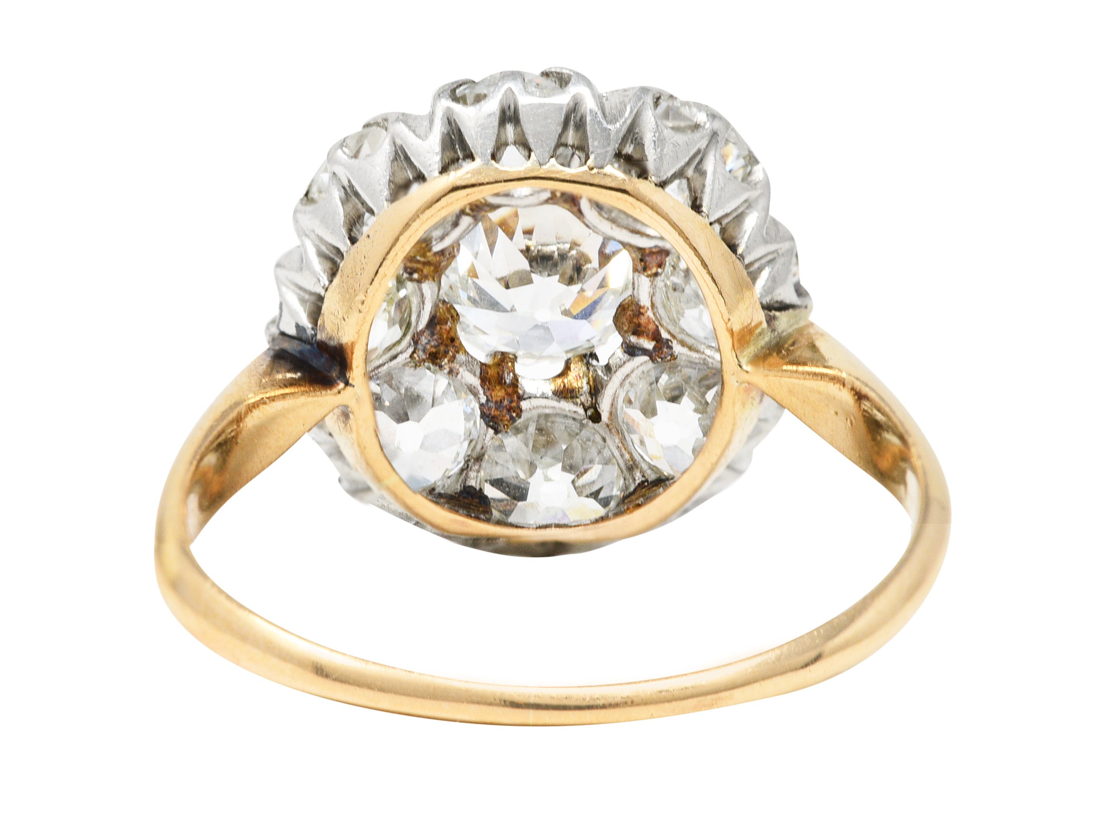 Edwardian 2.40 CTW Old European & Mine Cut Diamond Platinum-Topped 18 Karat Yellow Gold Antique Cluster Engagement Ring Wilson's Estate Jewelry