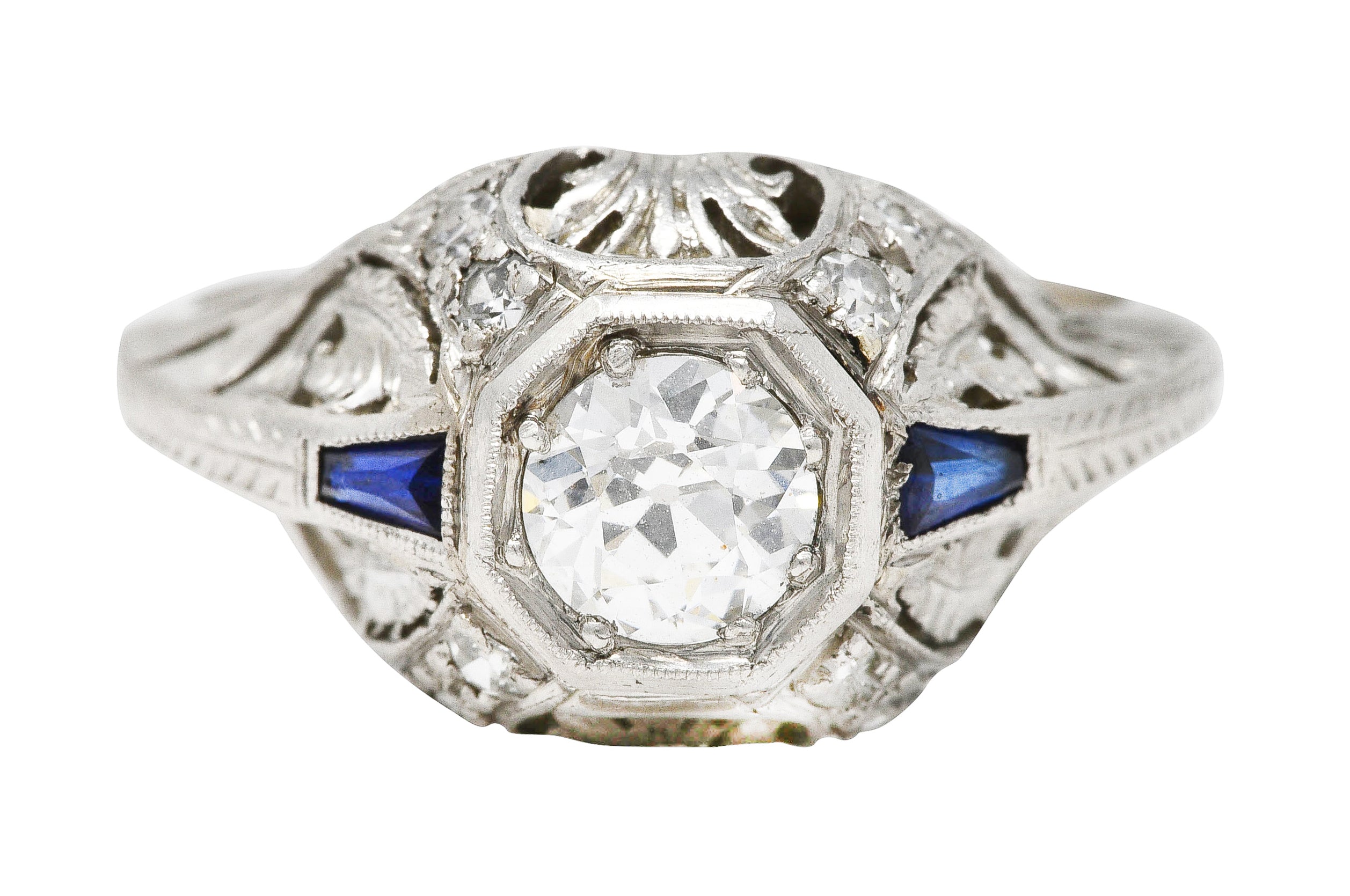 Art Deco 0.70 CTW Diamond Sapphire Platinum Foliate Engagement Ring Wilson's Estate Jewelry