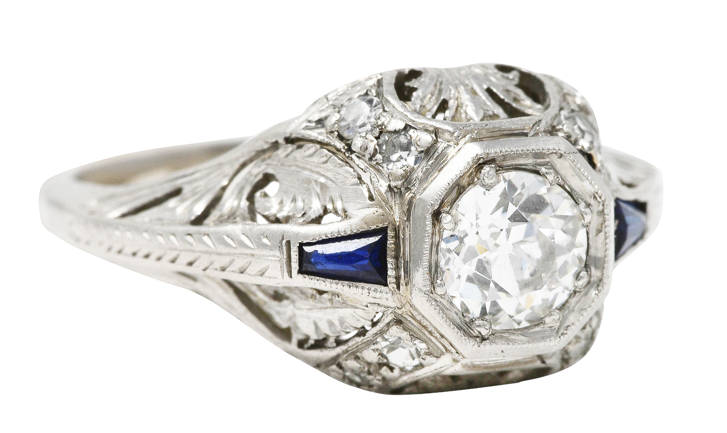 Art Deco 0.70 CTW Diamond Sapphire Platinum Foliate Engagement Ring Wilson's Estate Jewelry