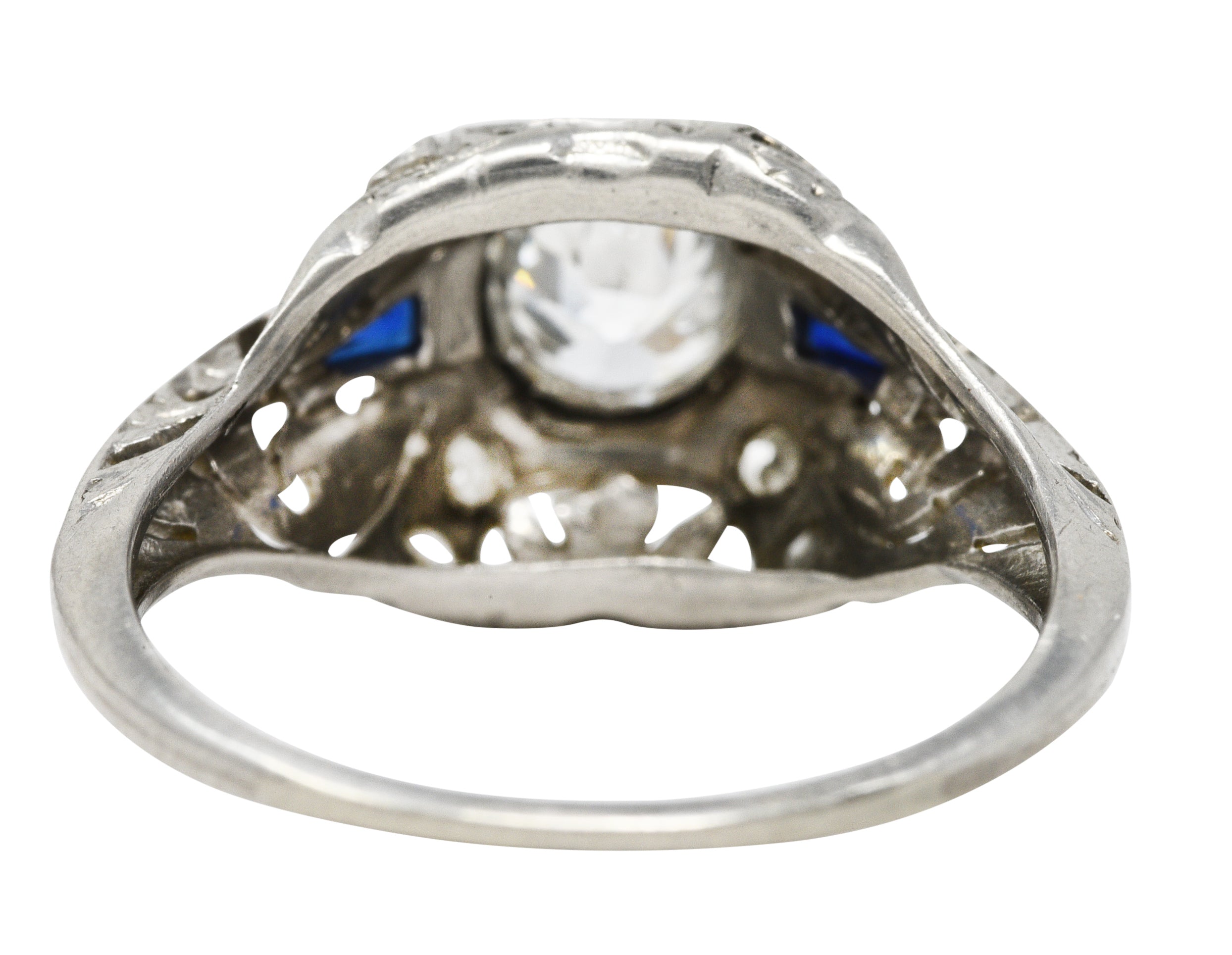 Art Deco 0.70 CTW Diamond Sapphire Platinum Foliate Engagement Ring Wilson's Estate Jewelry