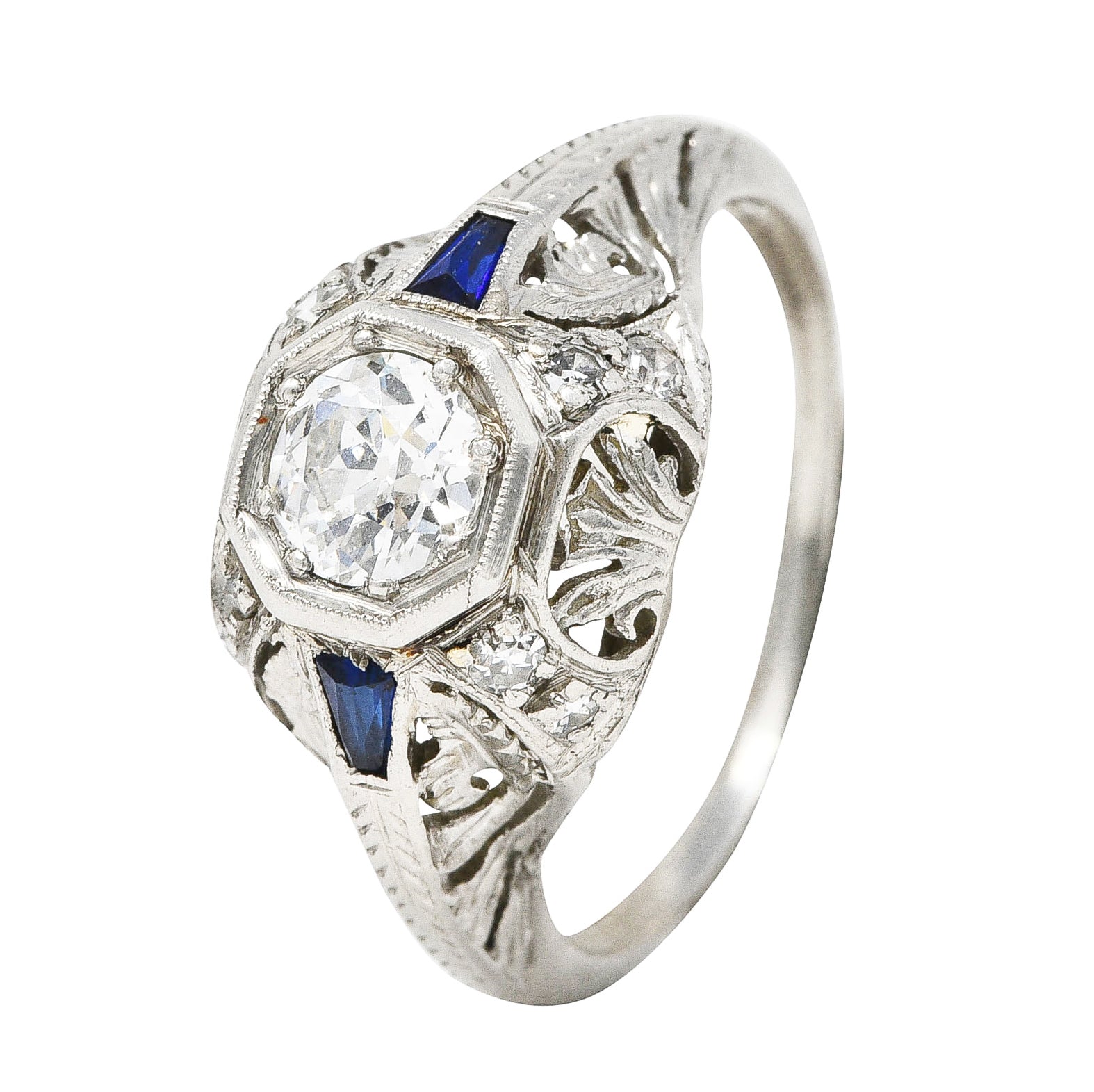 Art Deco 0.70 CTW Diamond Sapphire Platinum Foliate Engagement Ring Wilson's Estate Jewelry