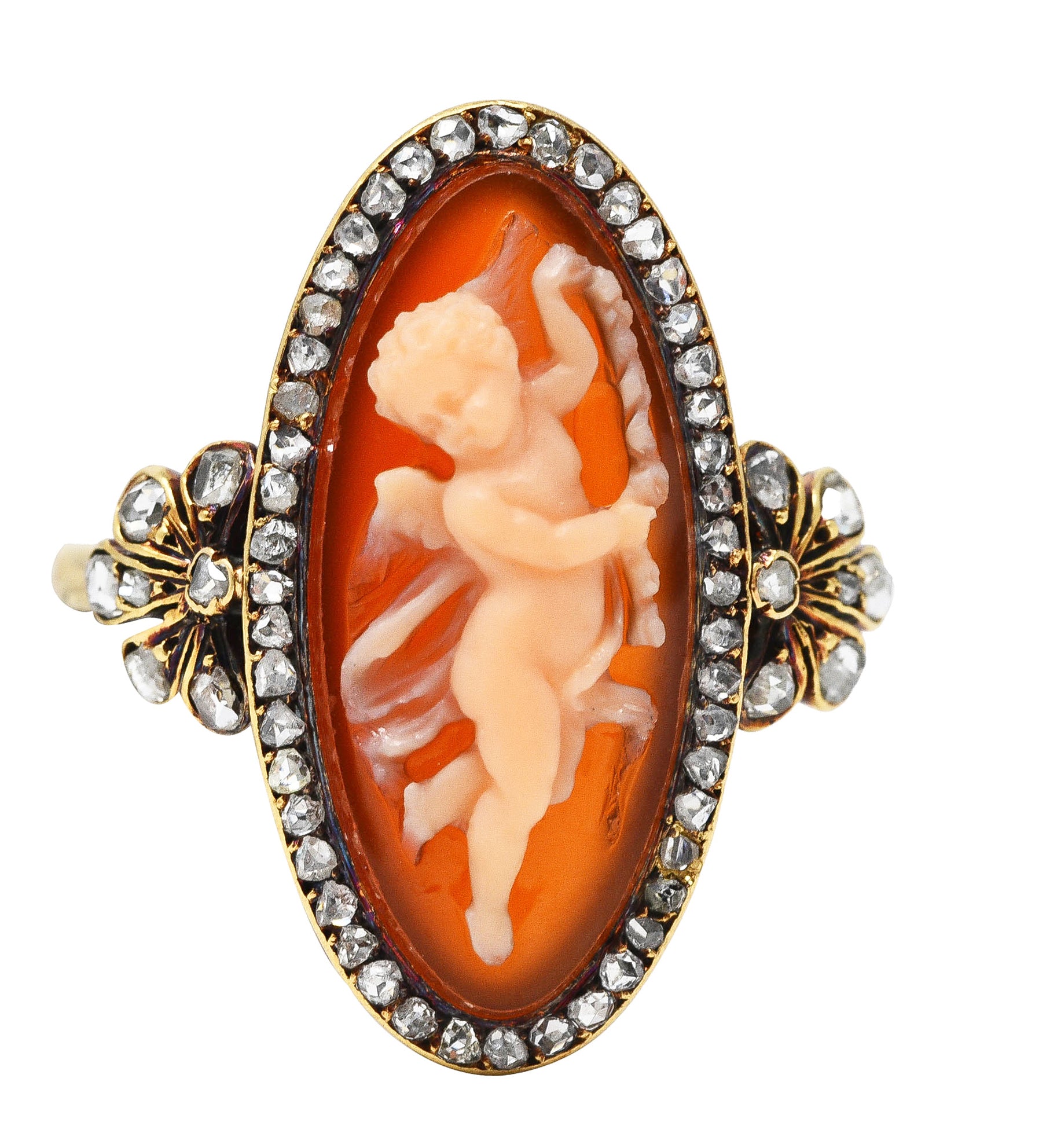 Victorian Diamond Carnelian 14 Karat Yellow Gold Cupid Cameo Antique Ring Wilson's Estate Jewelry