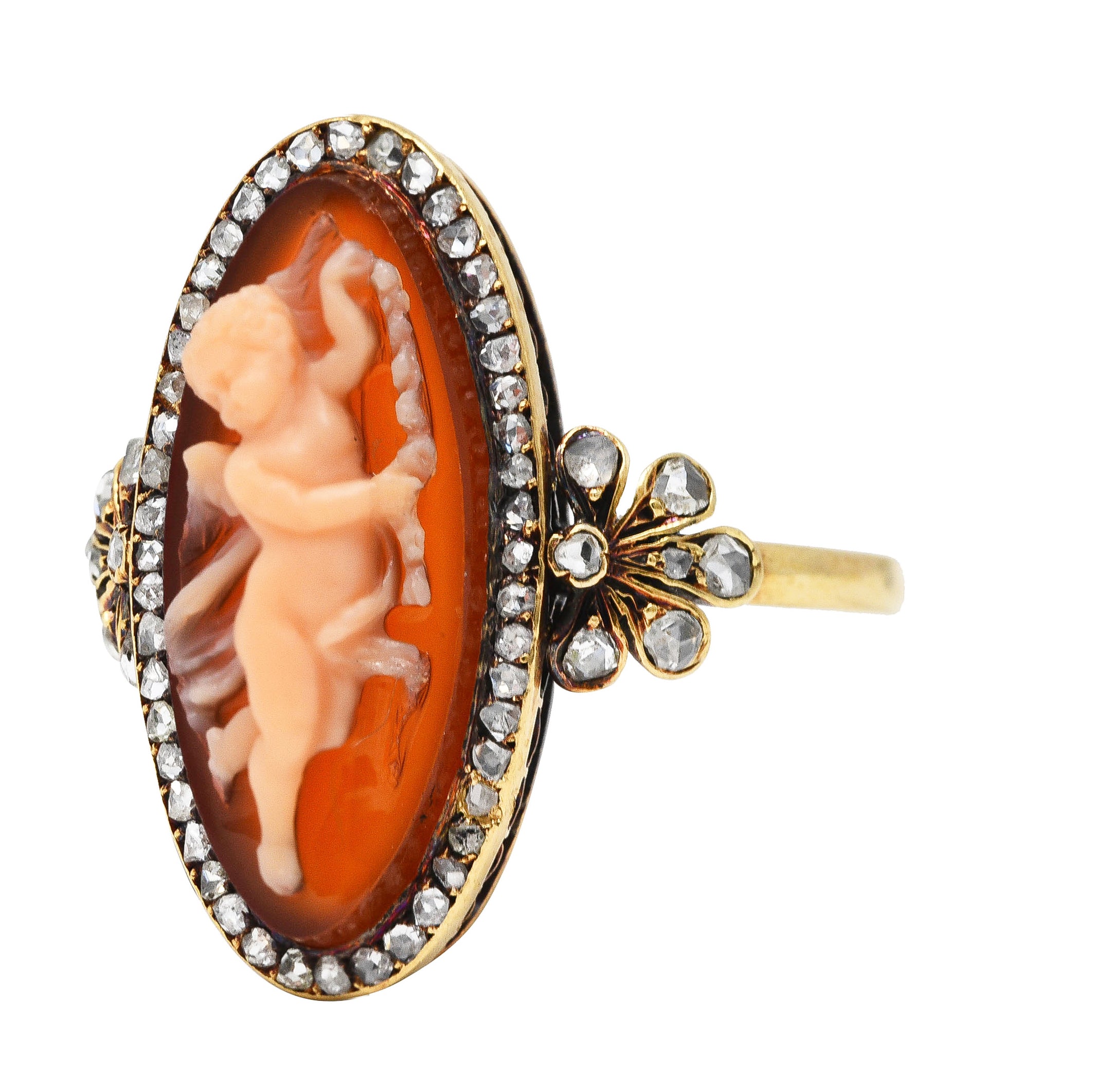 Victorian Diamond Carnelian 14 Karat Yellow Gold Cupid Cameo Antique Ring Wilson's Estate Jewelry