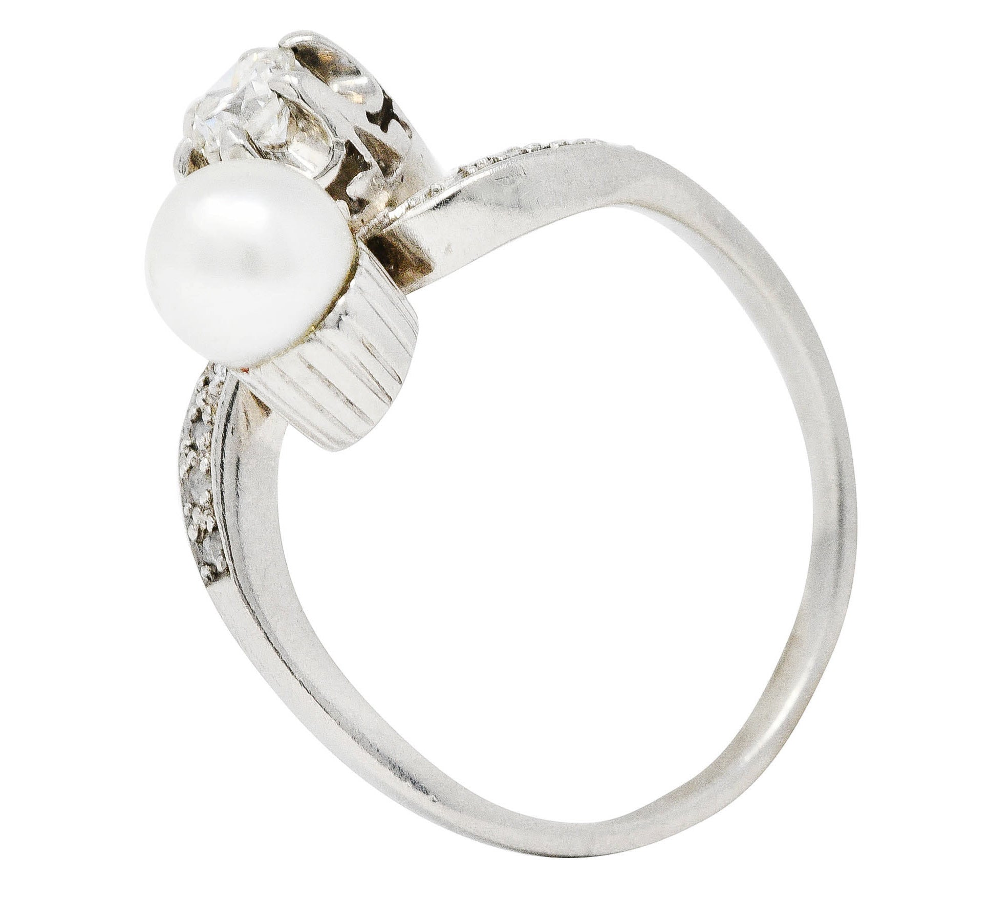 1920's Art Deco Diamond Pearl Platinum Toi Et Moi Bypass RingRing - Wilson's Estate Jewelry