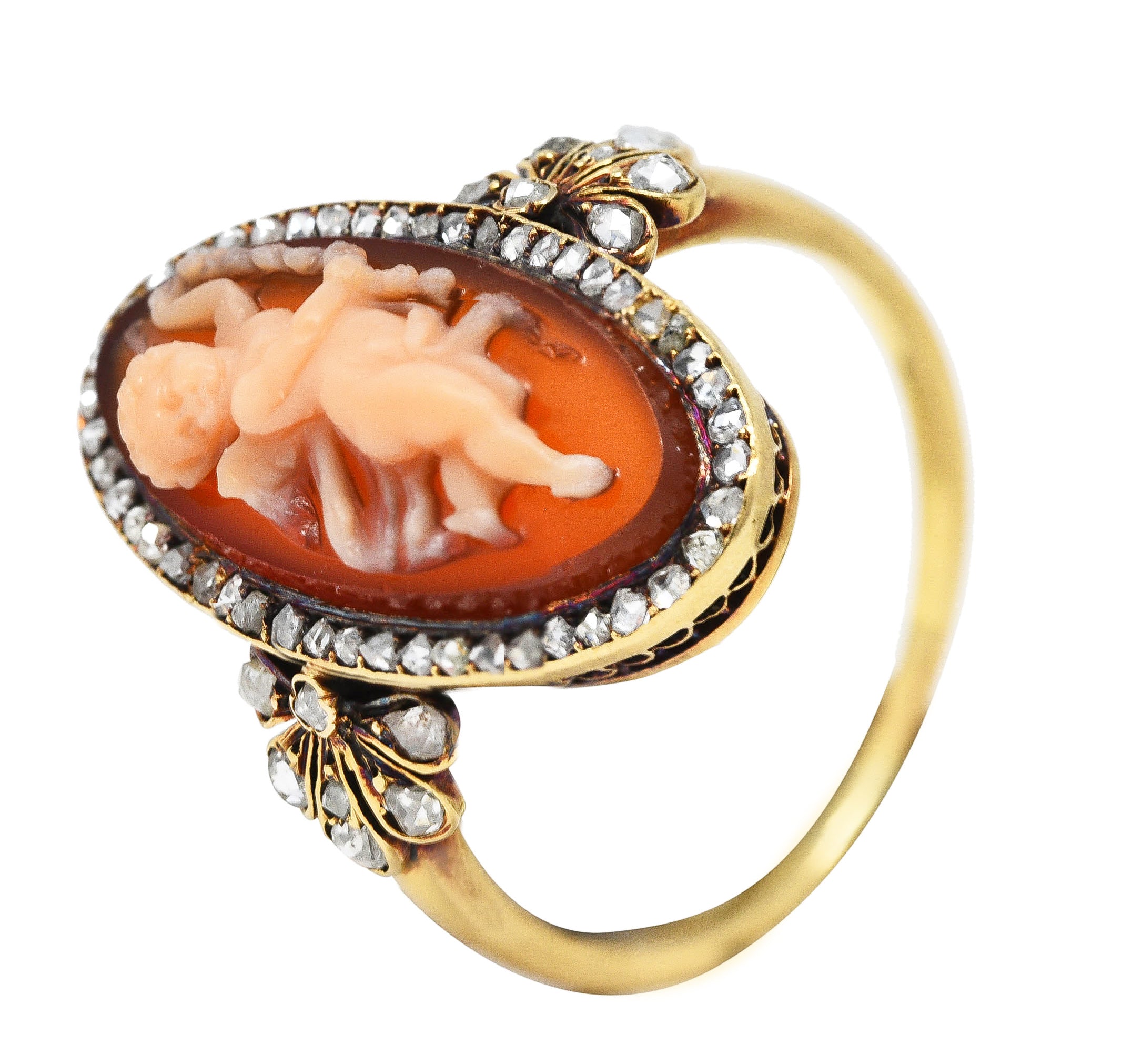 Victorian Diamond Carnelian 14 Karat Yellow Gold Cupid Cameo Antique Ring Wilson's Estate Jewelry