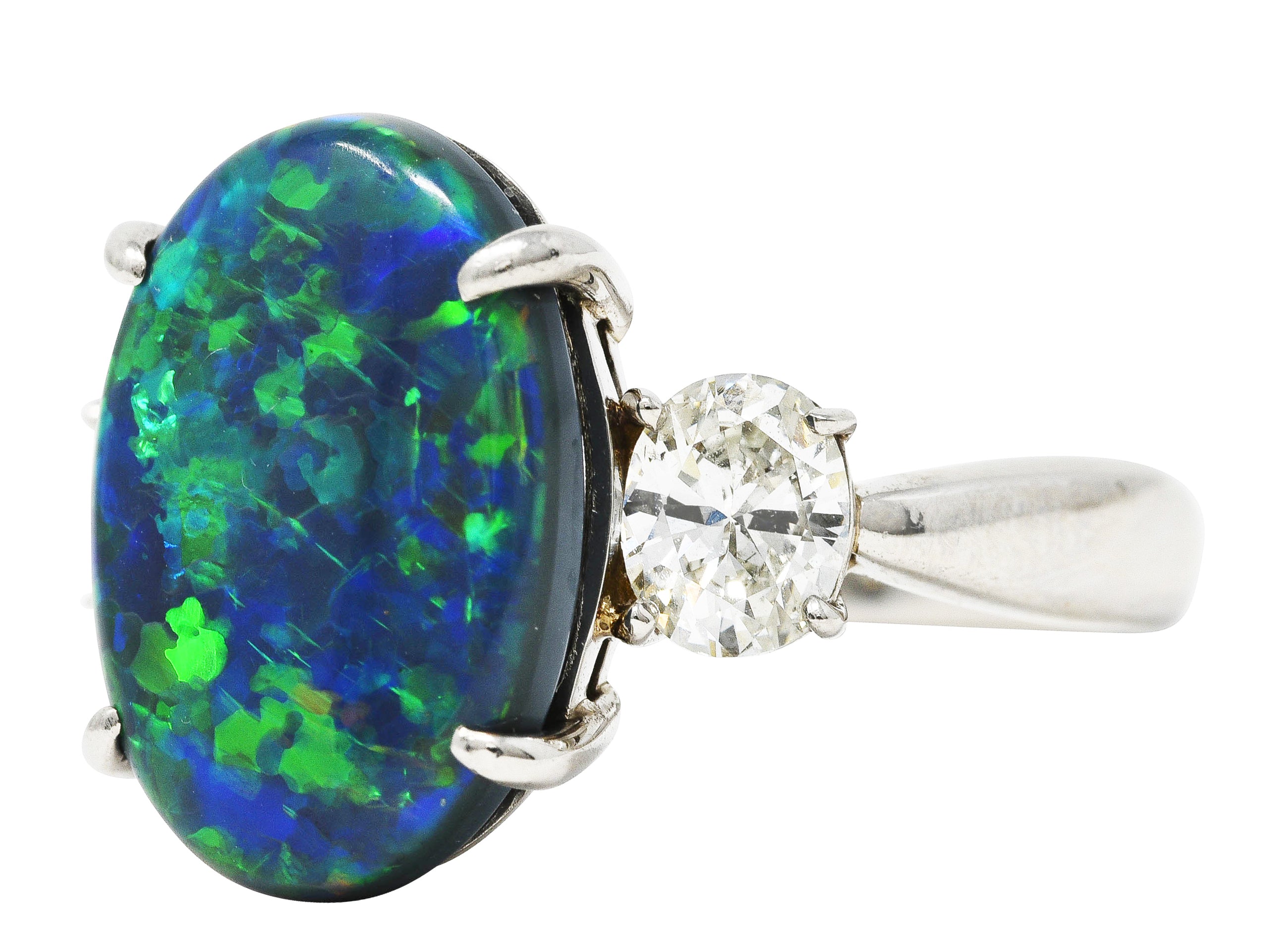 Black Opal Oval Cut Diamond Platinum Three Stone Gemstone Ring Wilson's Estate Jewelry