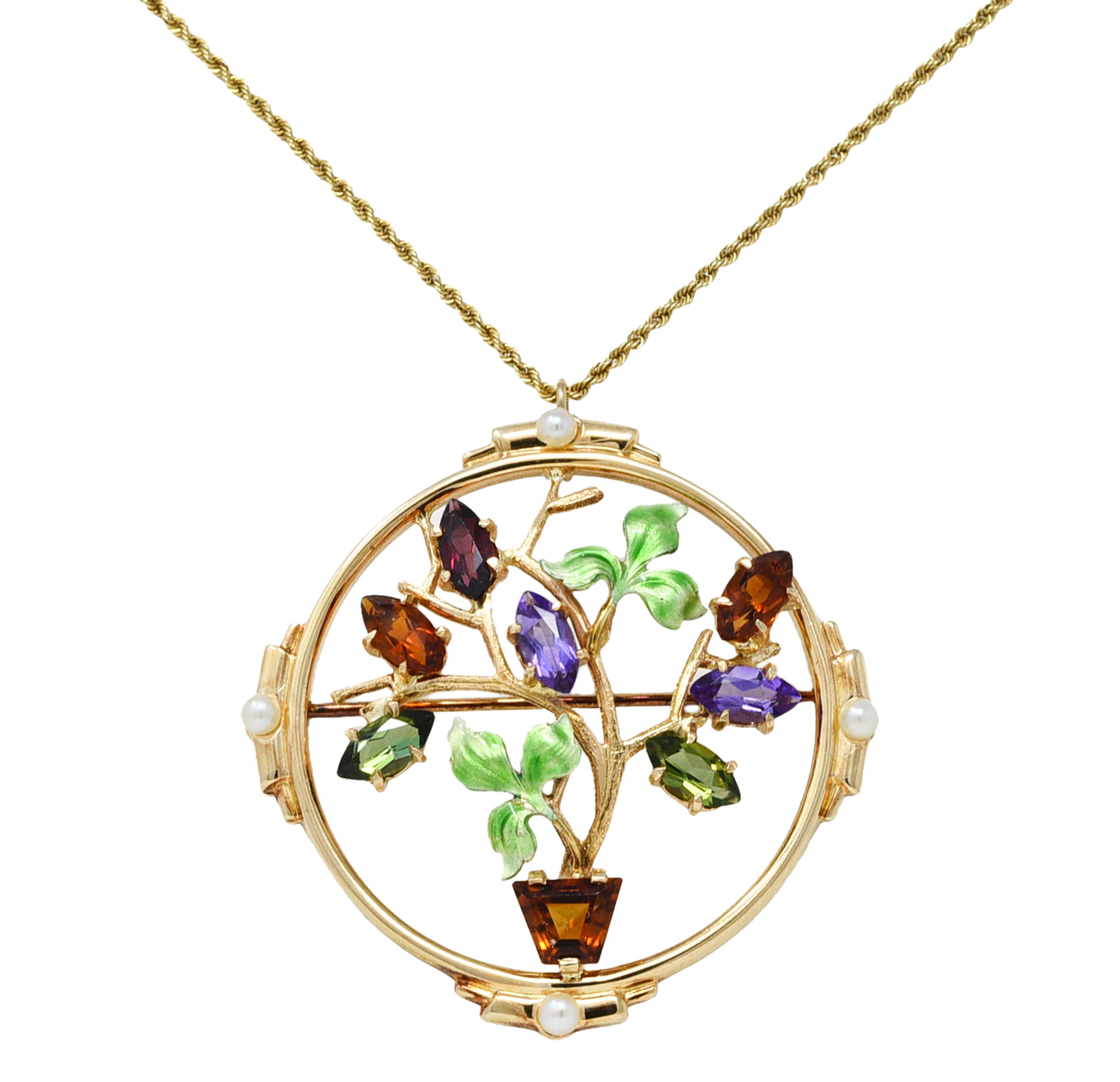 1930's Krementz Enamel Multi-Gem 14 Karat Gold Bouquet Pendant Brooch NecklaceNecklace - Wilson's Estate Jewelry