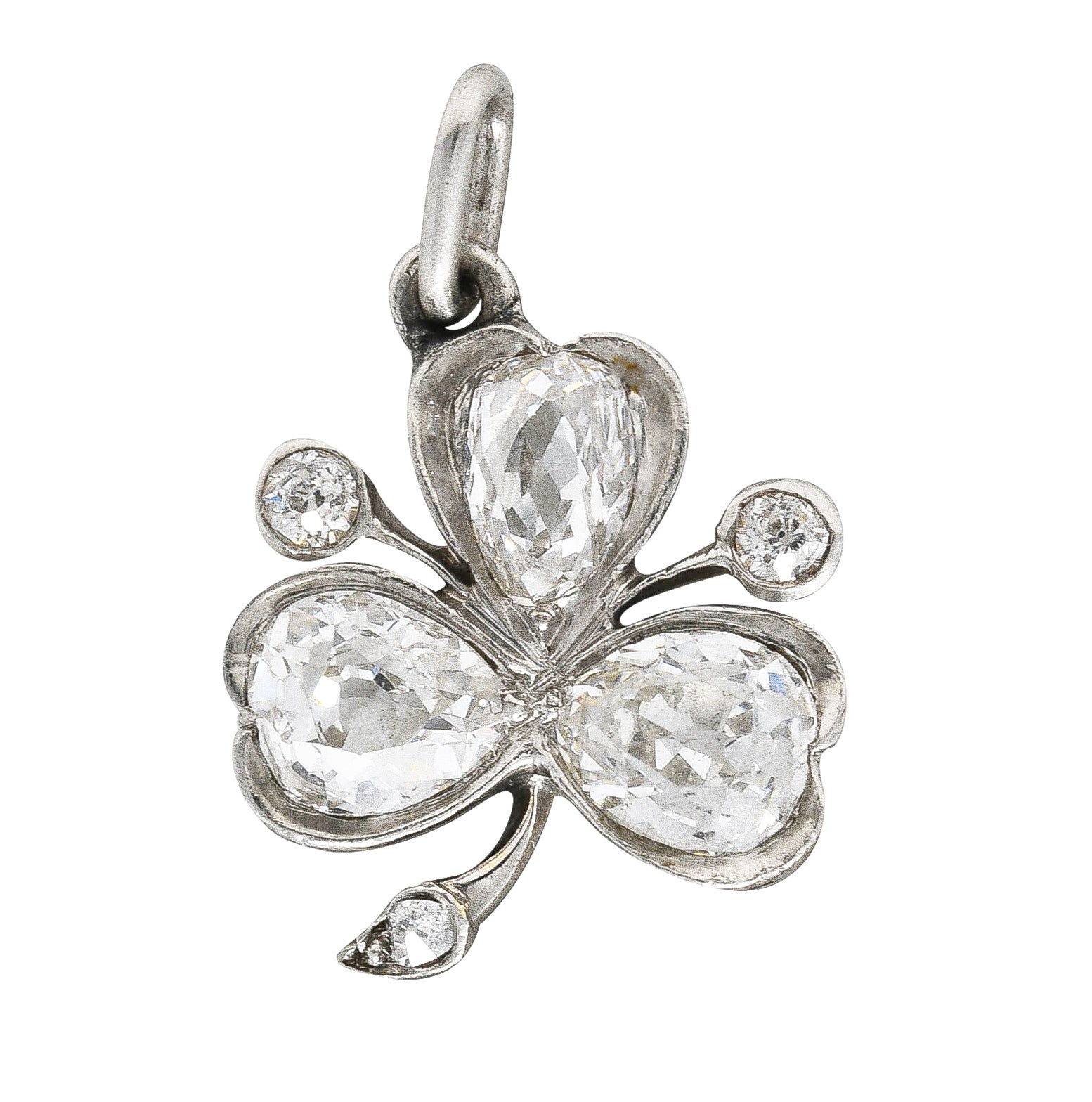 Edwardian 1.18 CTW Old Mine Diamond Platinum-Topped 18 Karat Gold Clover Antique Charm Wilson's Estate Jewelry