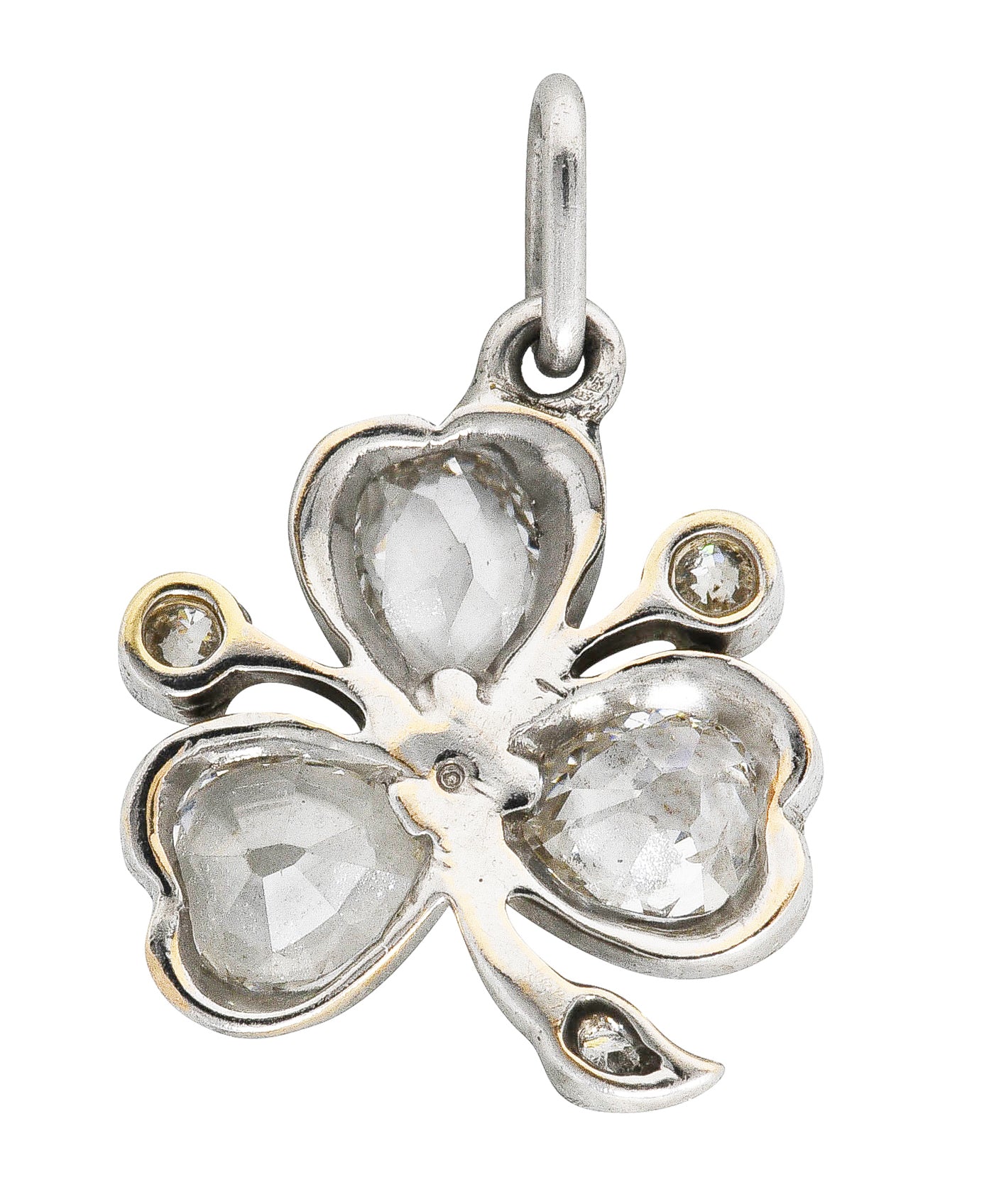 Edwardian 1.18 CTW Old Mine Diamond Platinum-Topped 18 Karat Gold Clover Antique Charm Wilson's Estate Jewelry