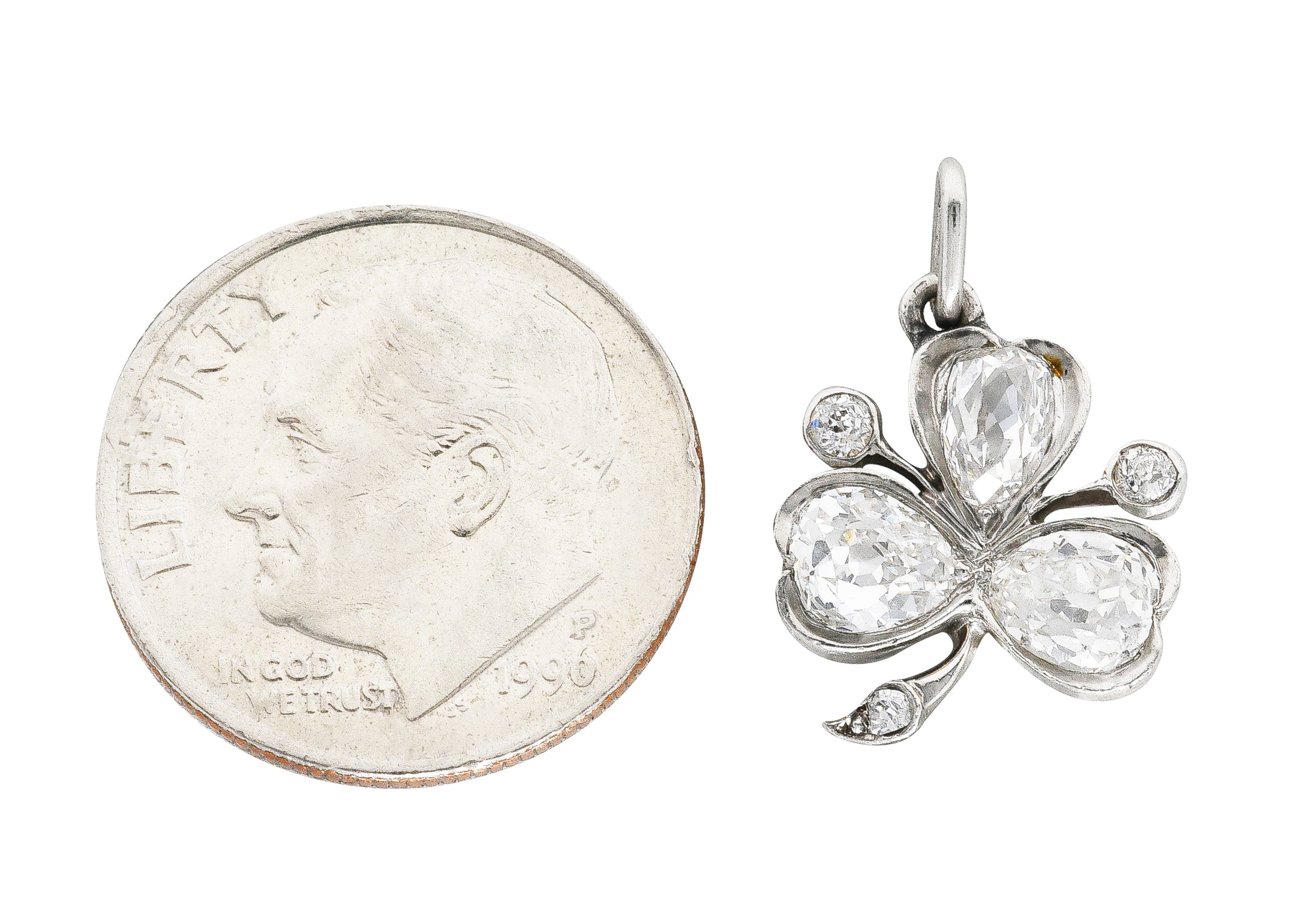 Edwardian 1.18 CTW Old Mine Diamond Platinum-Topped 18 Karat Gold Clover Antique Charm Wilson's Estate Jewelry