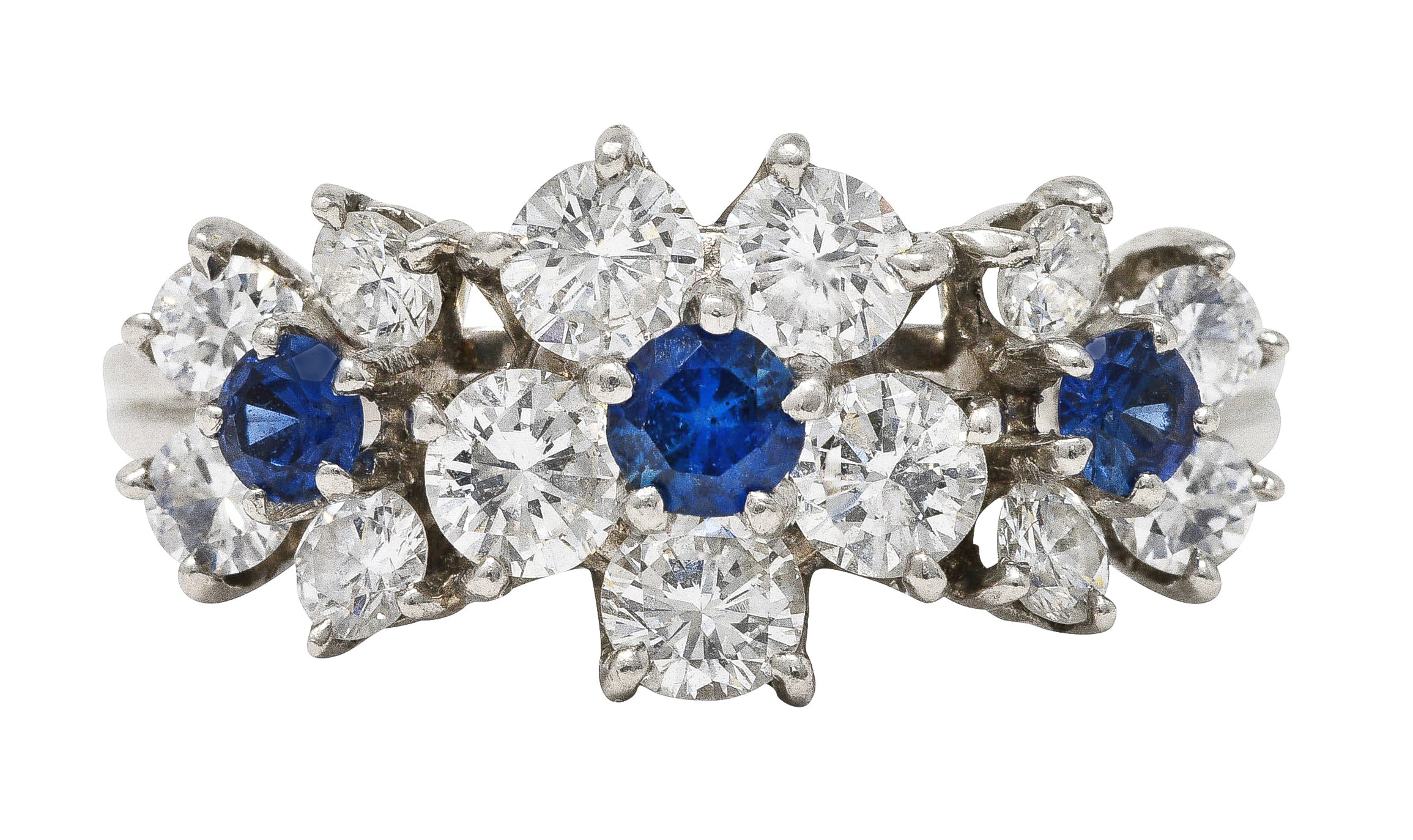 Late Mid-Century 1.30 CTW Sapphire Diamond Platinum Vintage Flower Band Ring Wilson's Estate Jewelry