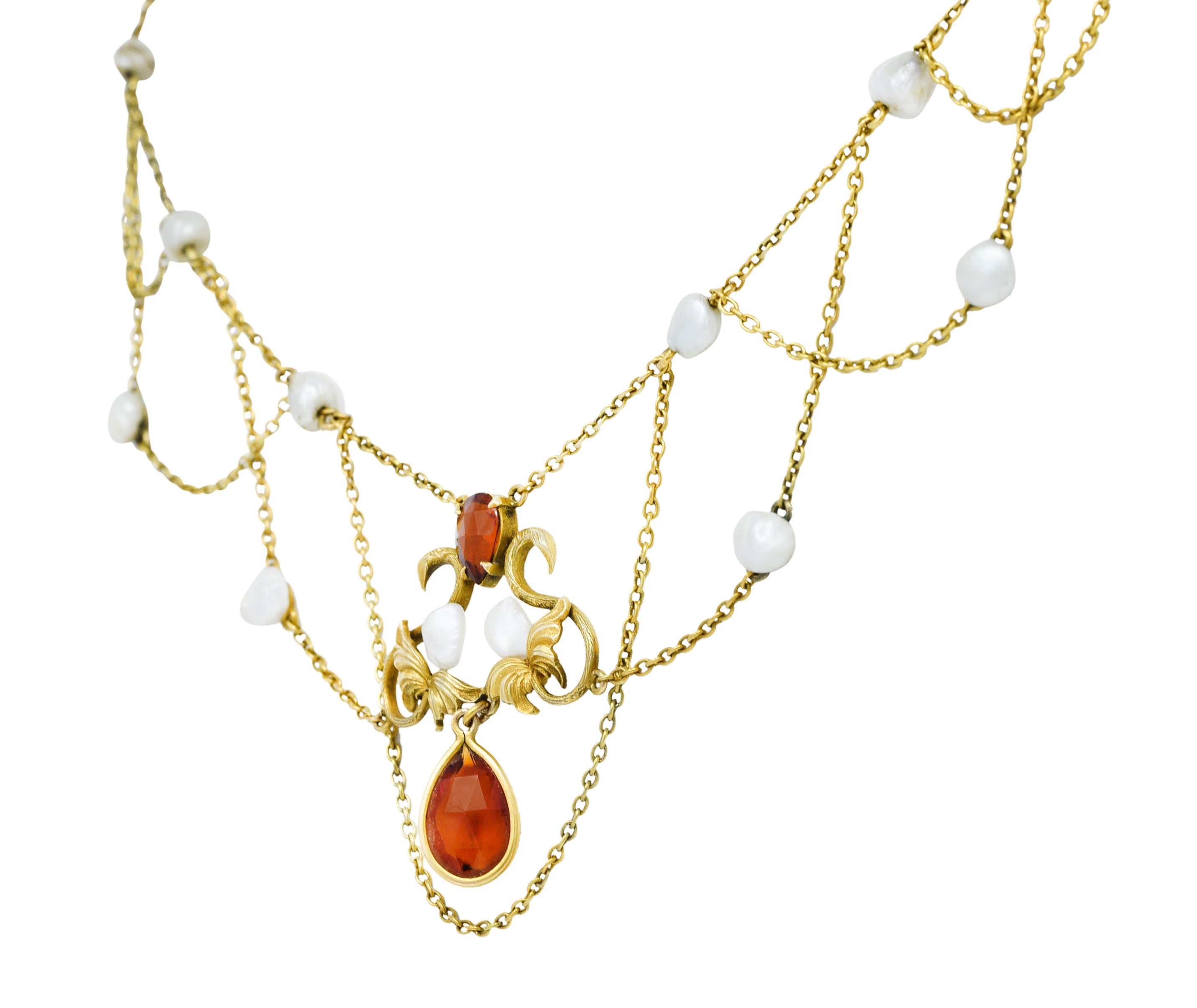 Art Nouveau Citrine Baroque Pearl 14 Karat Gold Swag NecklaceNecklace - Wilson's Estate Jewelry