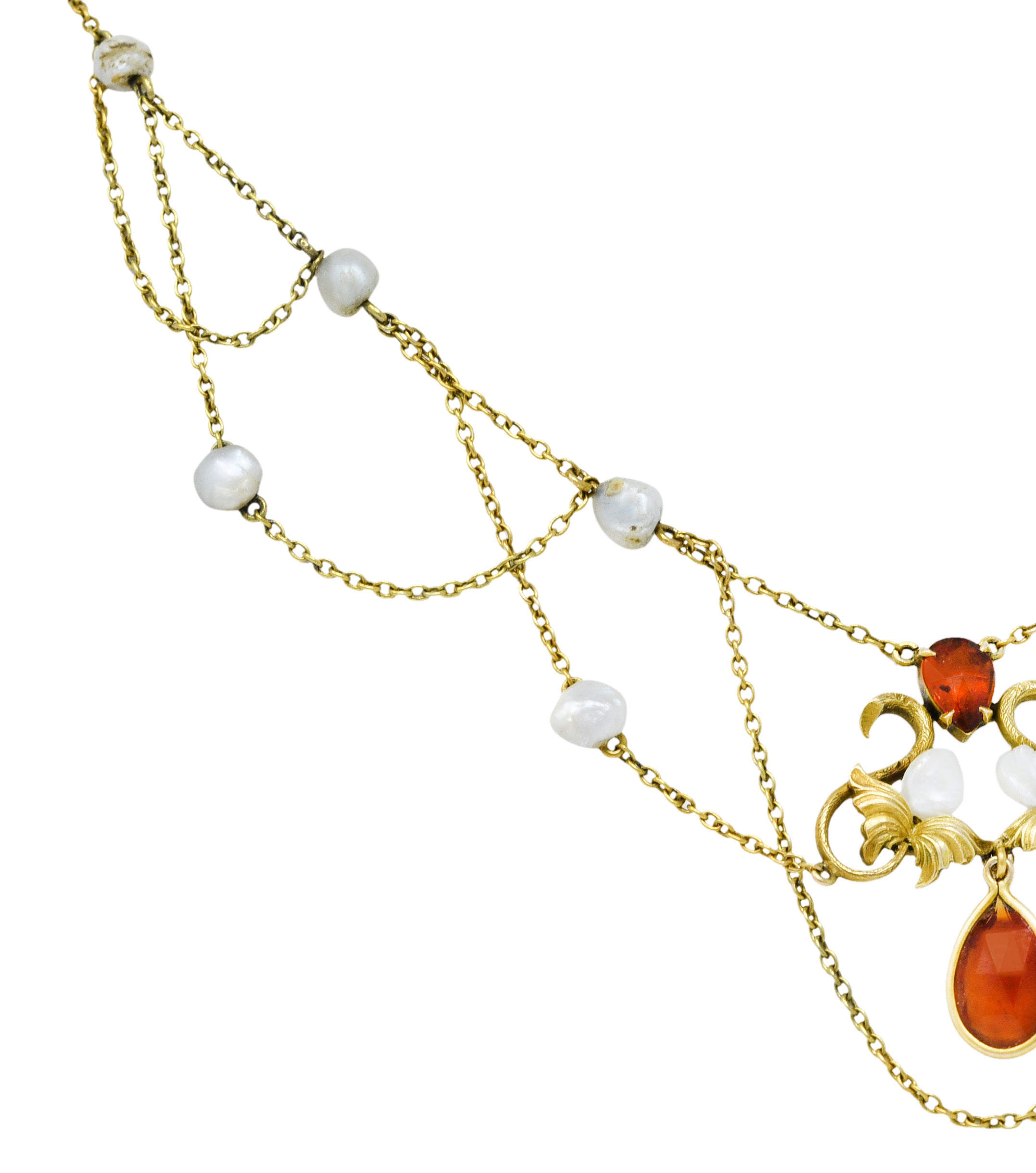 Art Nouveau Citrine Baroque Pearl 14 Karat Gold Swag NecklaceNecklace - Wilson's Estate Jewelry