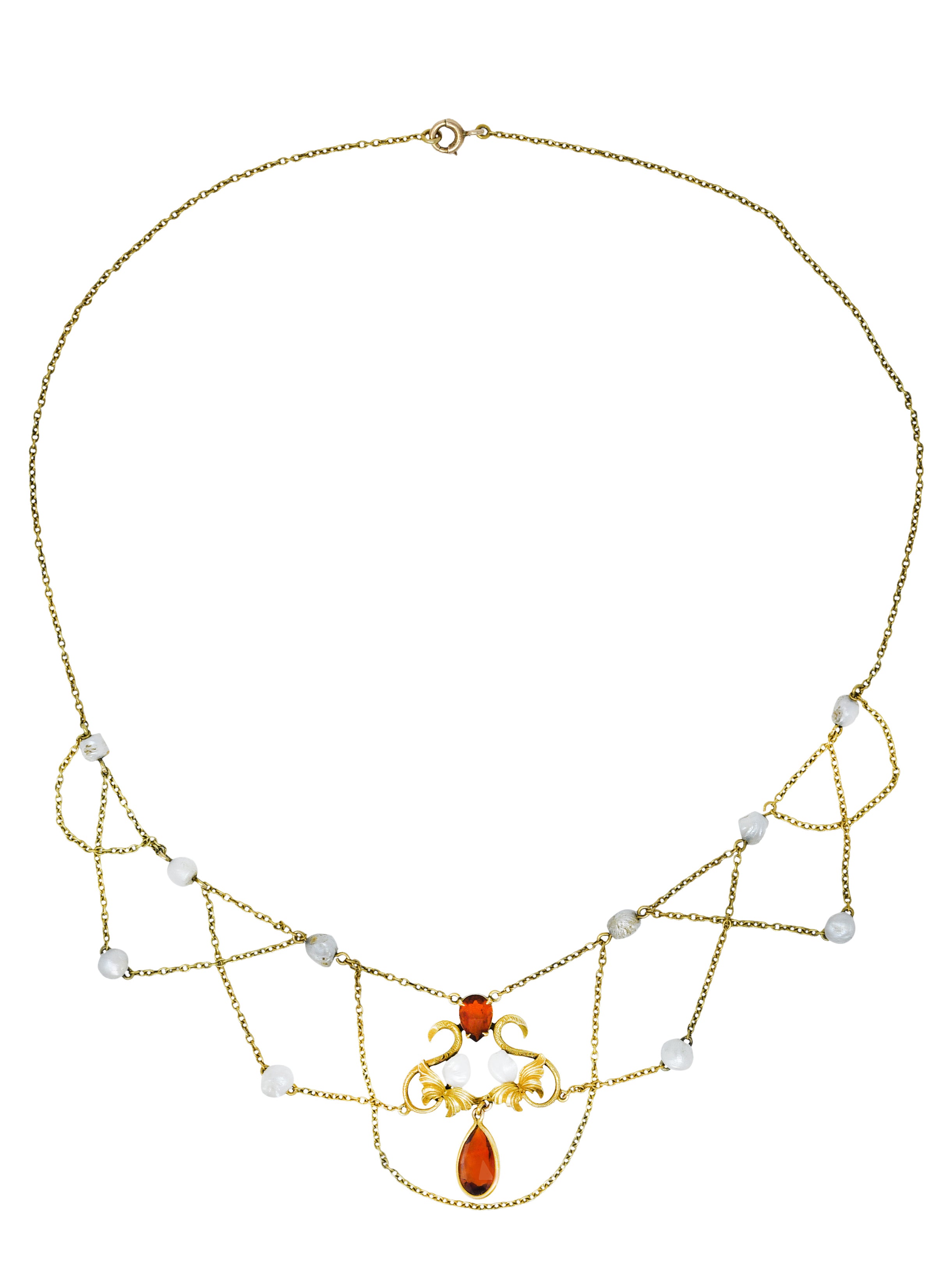 Art Nouveau Citrine Baroque Pearl 14 Karat Gold Swag NecklaceNecklace - Wilson's Estate Jewelry