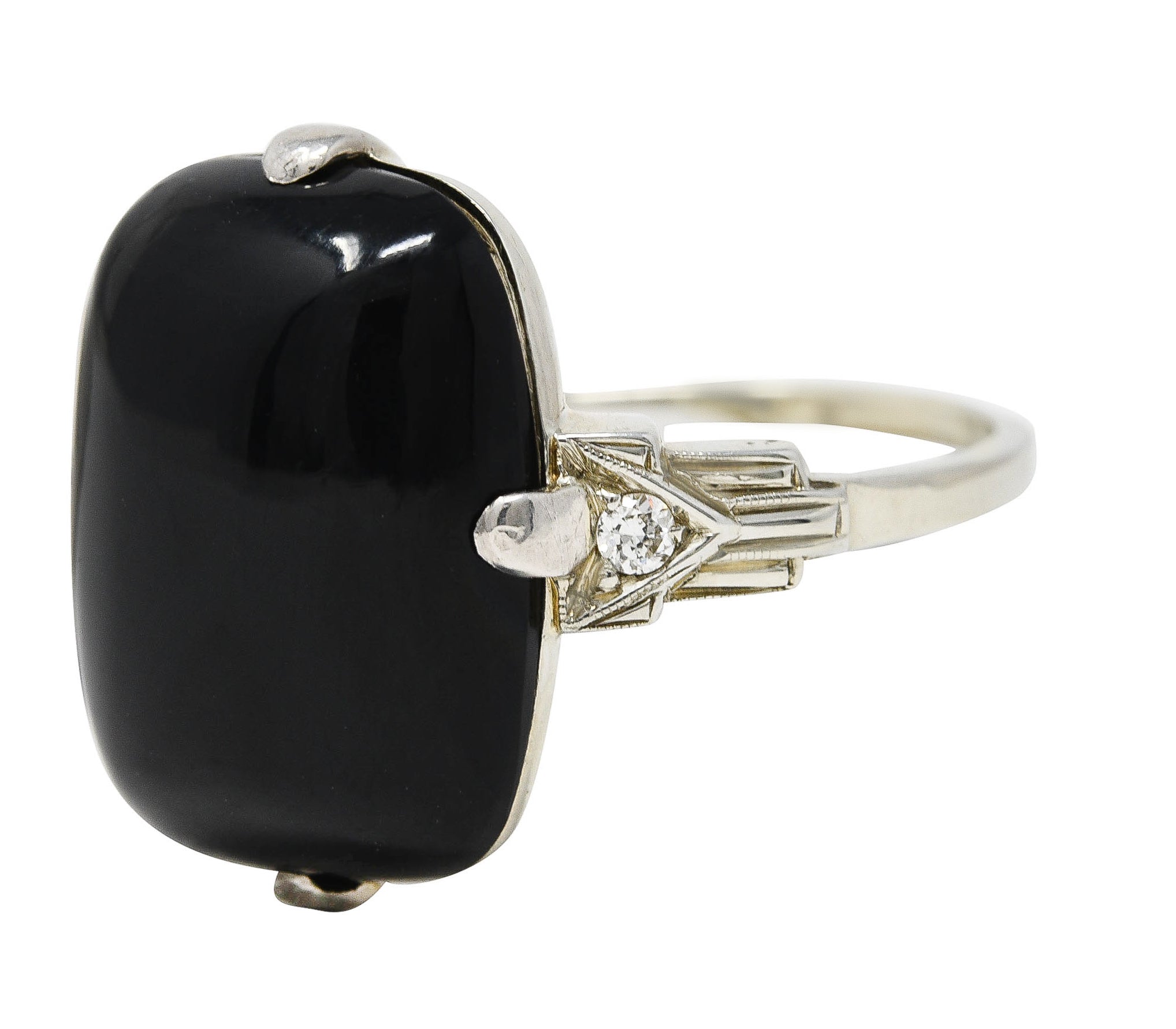 Felger Art Deco Cushion Onyx Diamond 14 Karat White Gold Stepped Shoulder Ring Wilson's Estate Jewelry