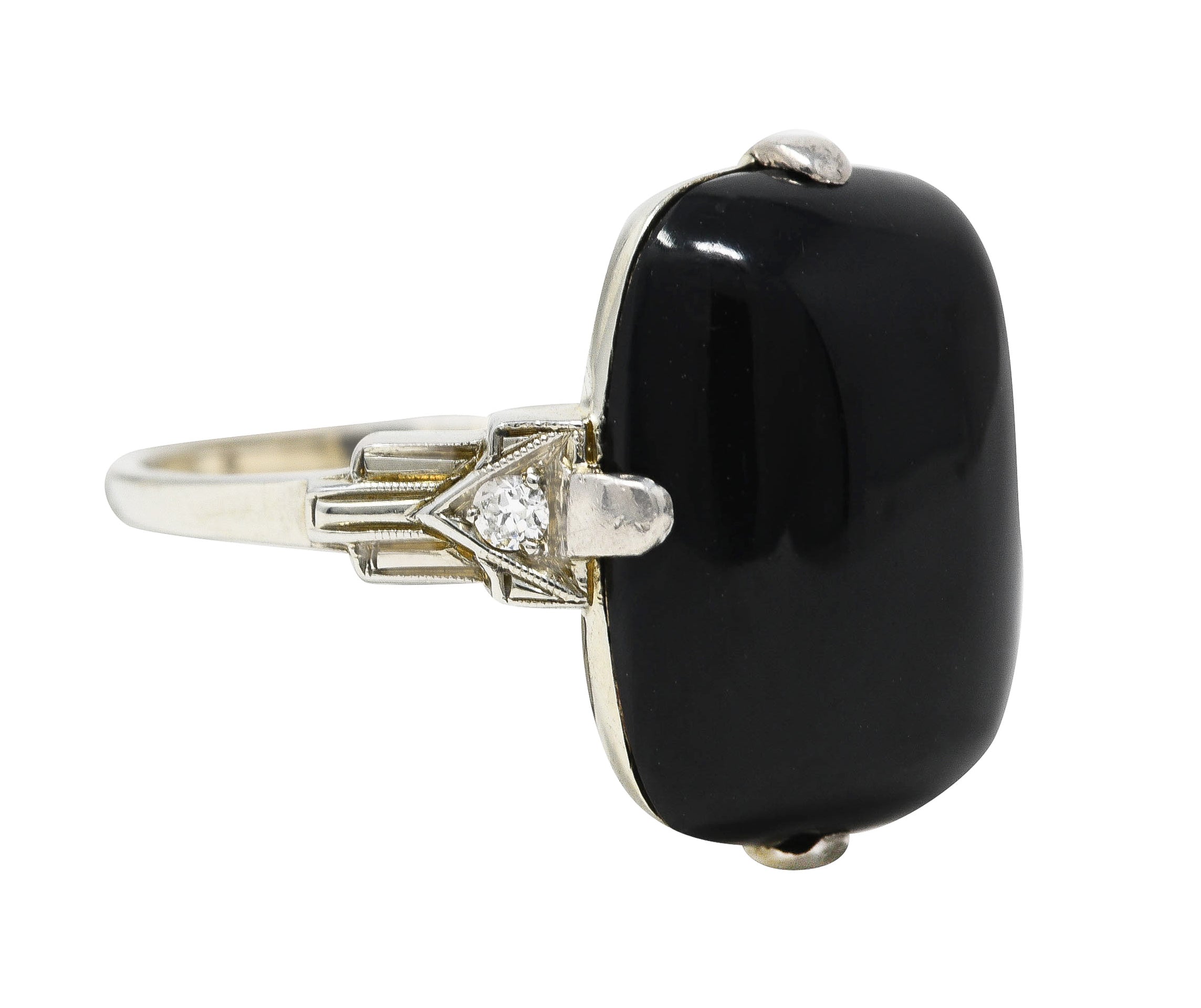 Felger Art Deco Cushion Onyx Diamond 14 Karat White Gold Stepped Shoulder Ring Wilson's Estate Jewelry