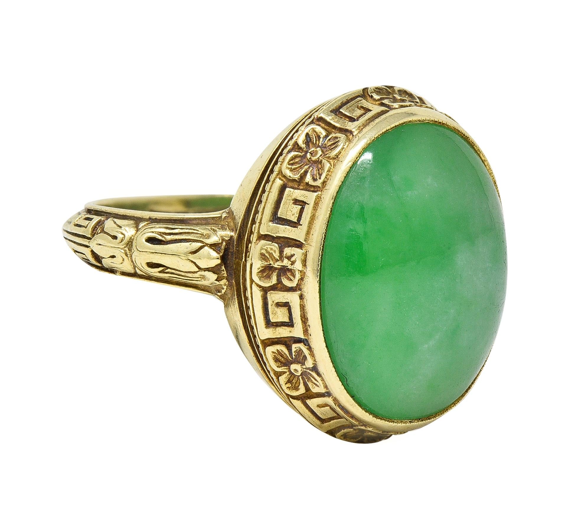 Allsopp Bros. Art Deco Natural Jade 14 Karat Yellow Gold Orange Blossom Ring GIA