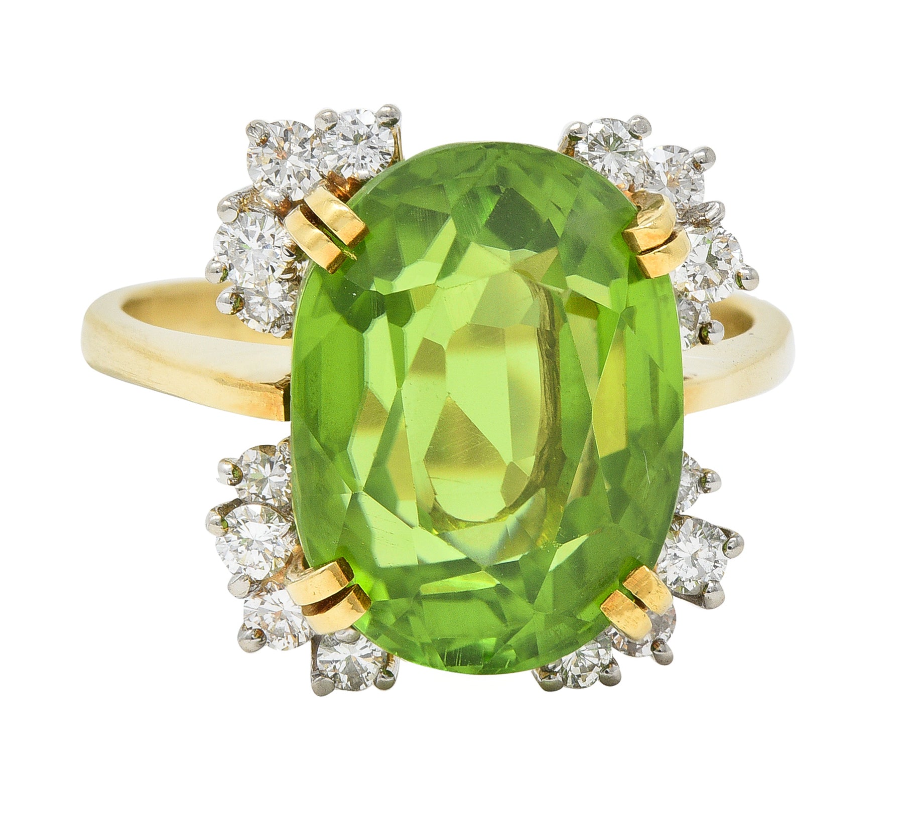 Mid-Century 9.37 CTW Peridot Diamond Platinum 18 Karat Gold Vintage Cluster Ring