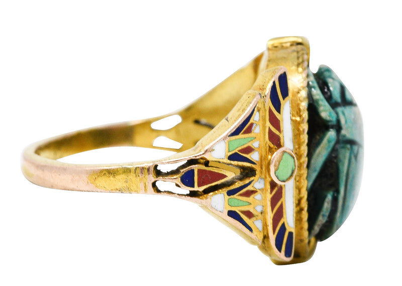 Art Deco Egyptian Revival Enamel Hardstone 14 Karat Gold Scarab RingRing - Wilson's Estate Jewelry
