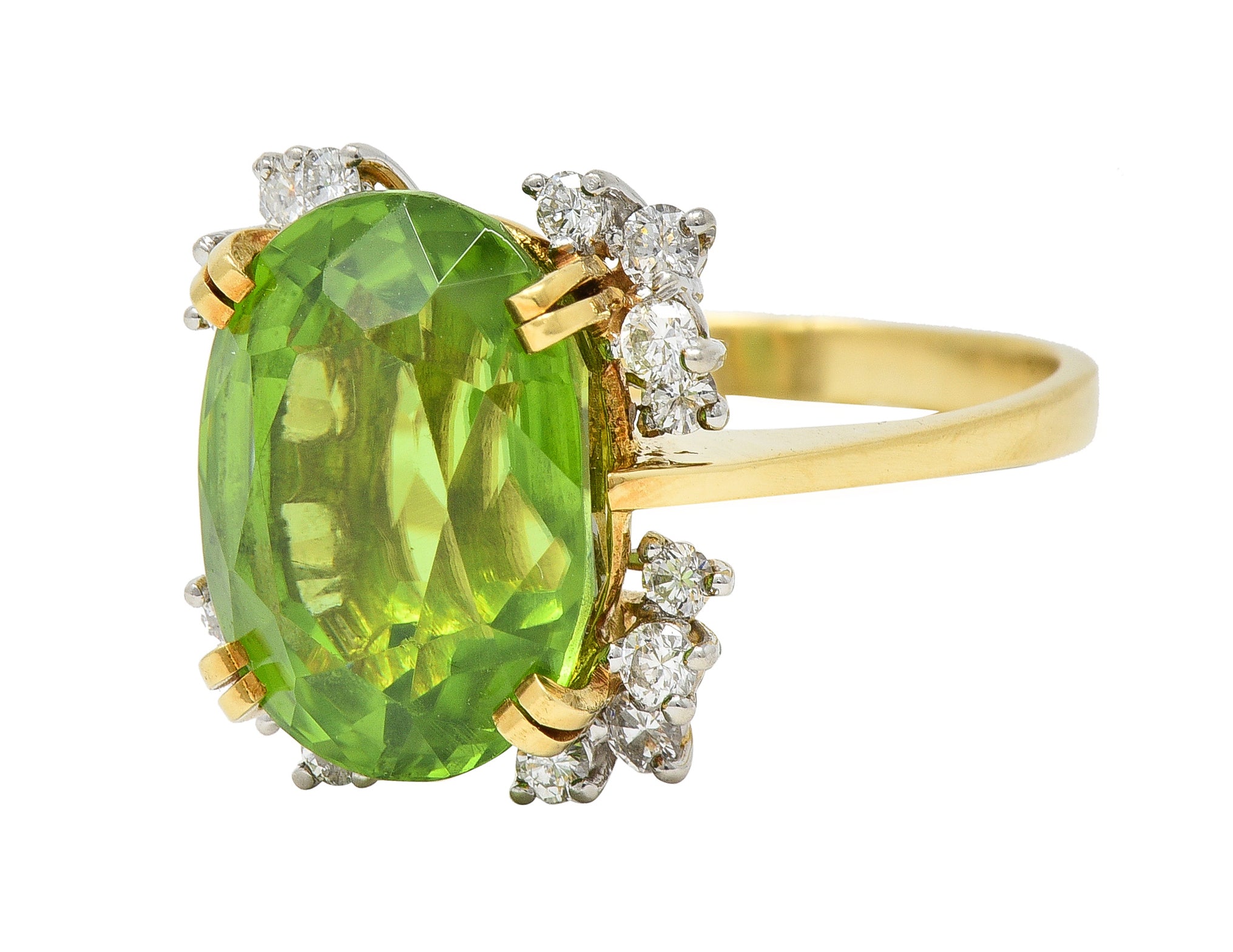 Mid-Century 9.37 CTW Peridot Diamond Platinum 18 Karat Gold Vintage Cluster Ring