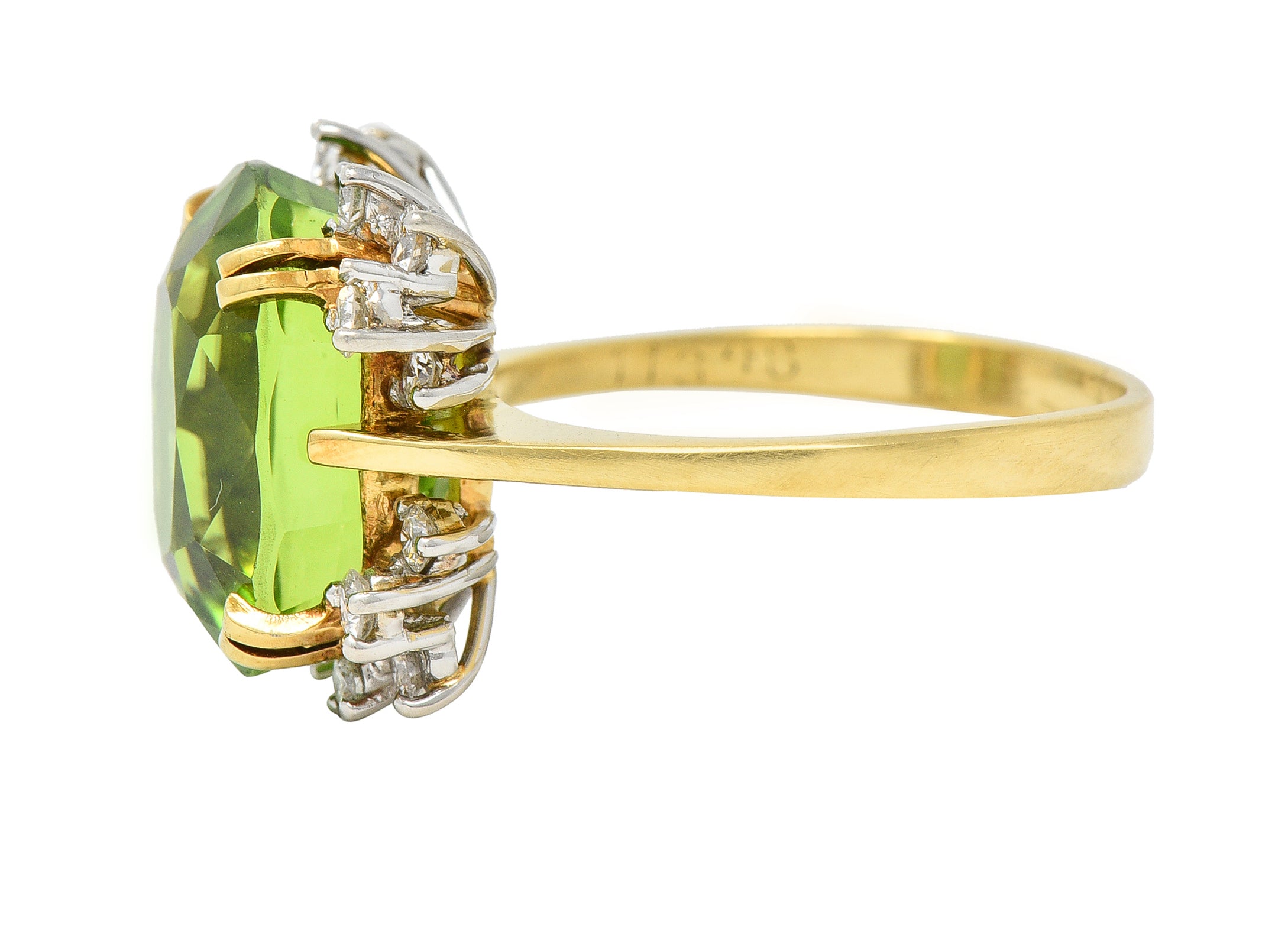 Mid-Century 9.37 CTW Peridot Diamond Platinum 18 Karat Gold Vintage Cluster Ring