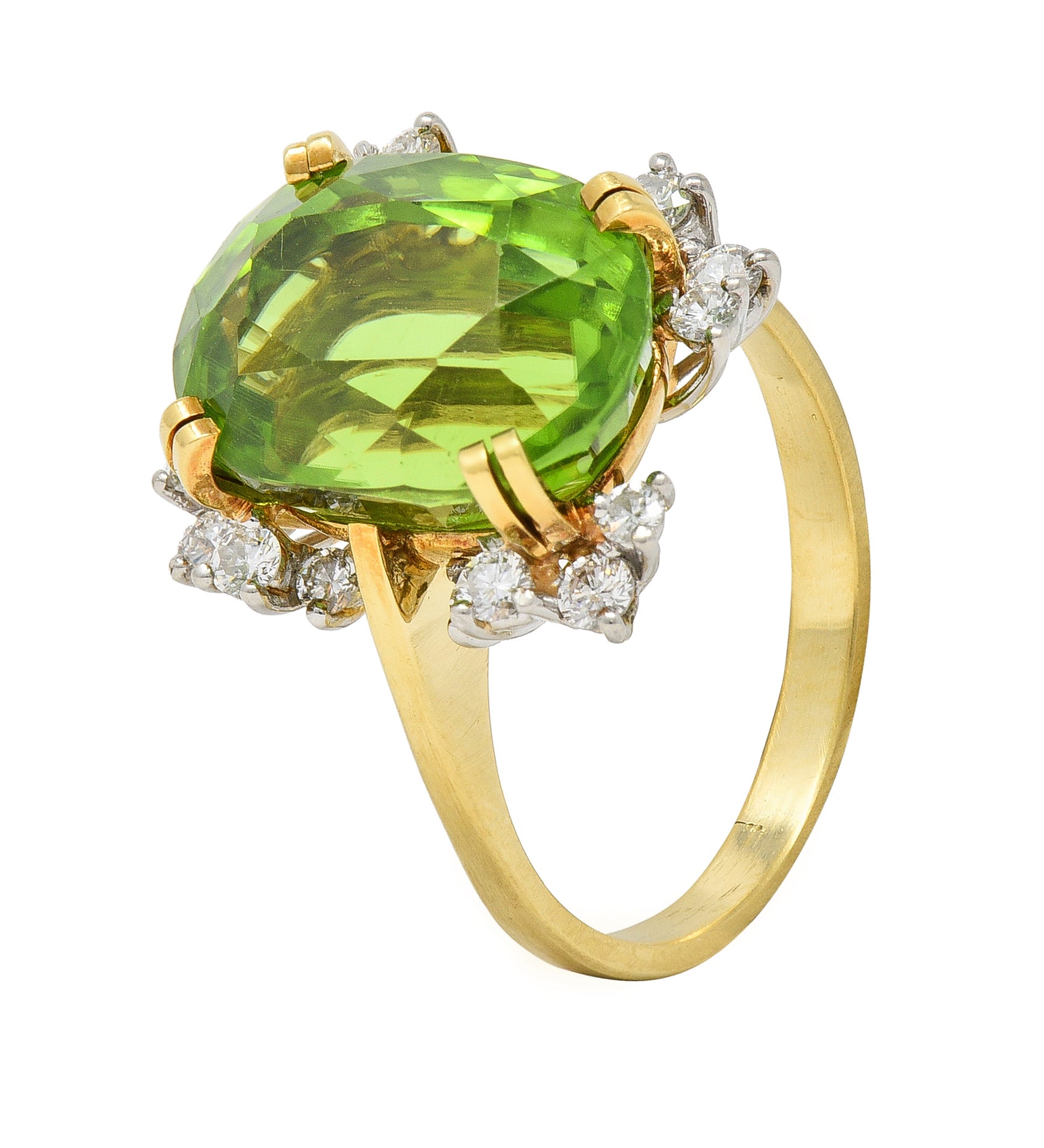 Mid-Century 9.37 CTW Peridot Diamond Platinum 18 Karat Gold Vintage Cluster Ring