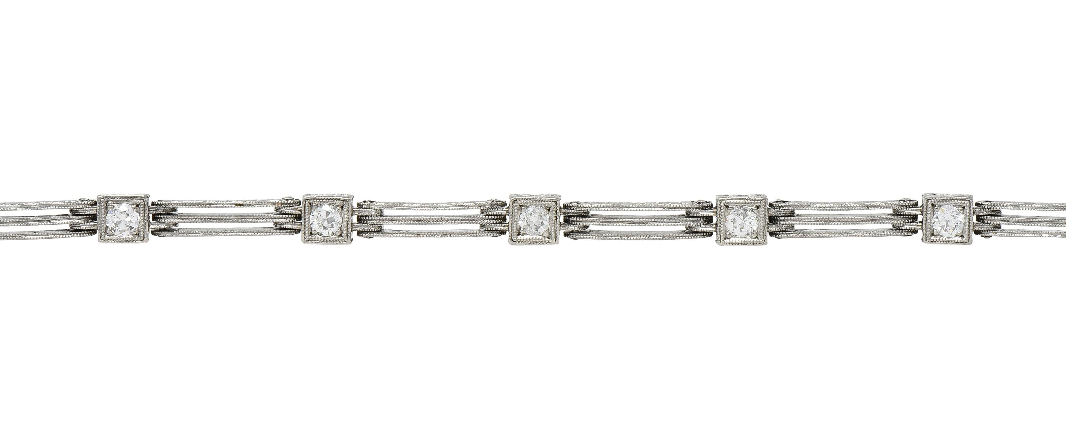 Art Deco Transitional Cut Diamond Platinum Wheat Station Link Antique Bracelet