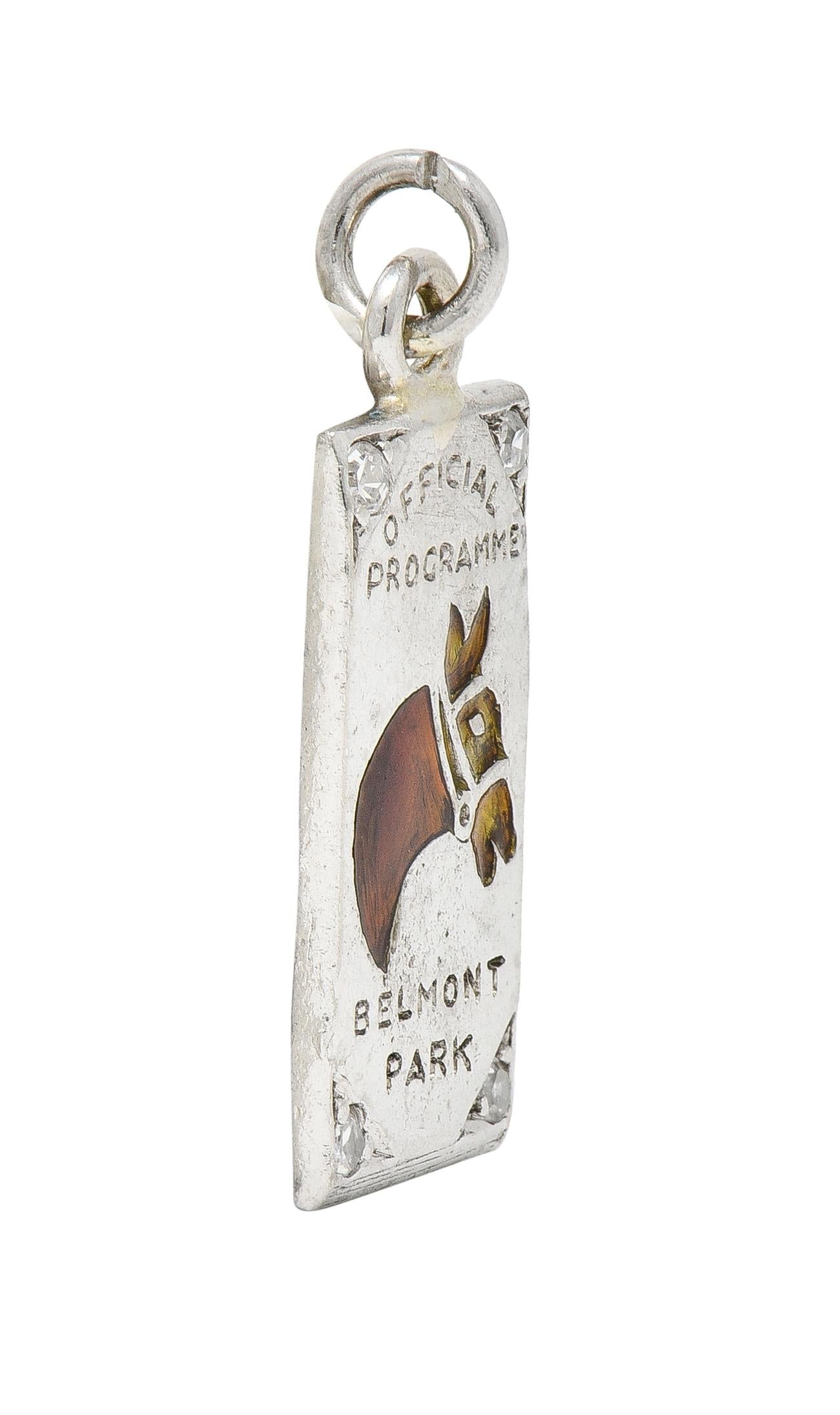 Edwardian Diamond Enamel Platinum Belmont Park Antique Horse Race Program Charm