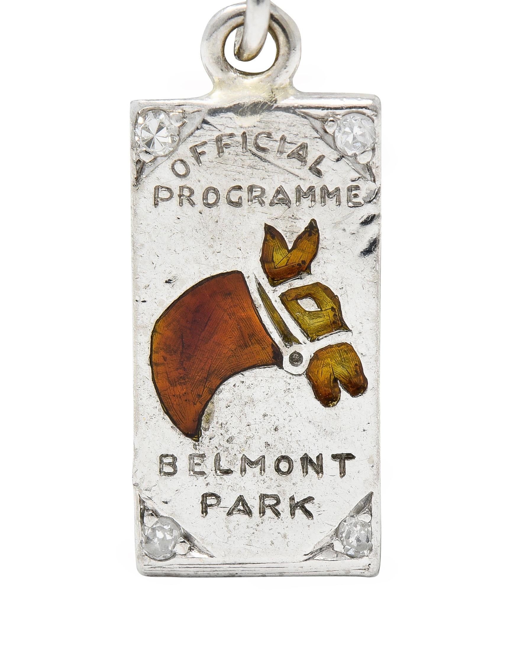 Edwardian Diamond Enamel Platinum Belmont Park Antique Horse Race Program Charm