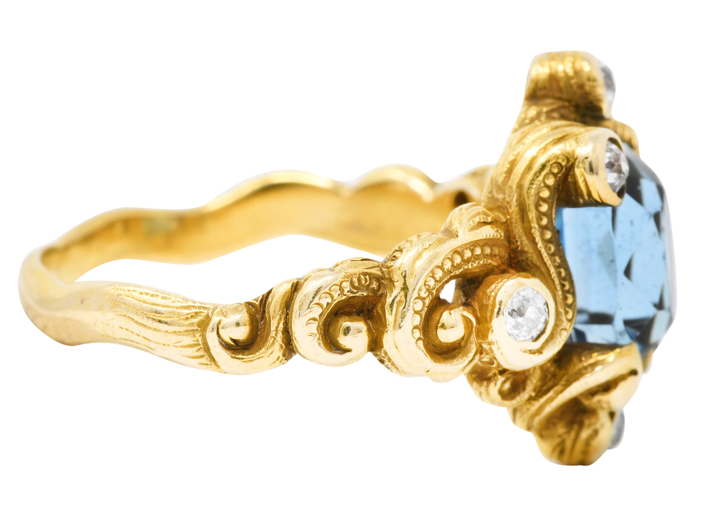 Art Nouveau 2.00 CTW Aquamarine Diamond 14 Karat Gold Whiplash RingRing - Wilson's Estate Jewelry