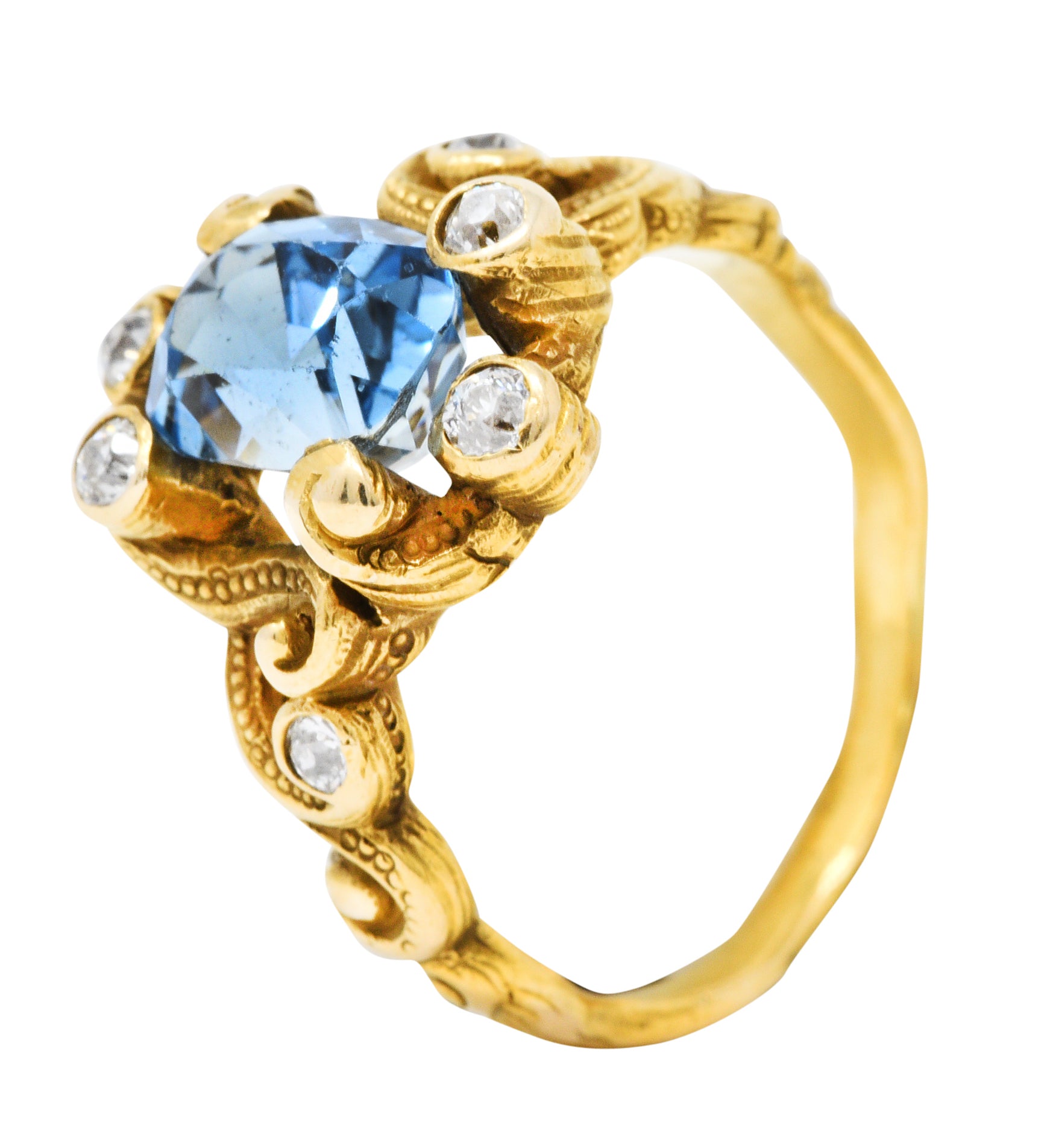 Art Nouveau 2.00 CTW Aquamarine Diamond 14 Karat Gold Whiplash RingRing - Wilson's Estate Jewelry