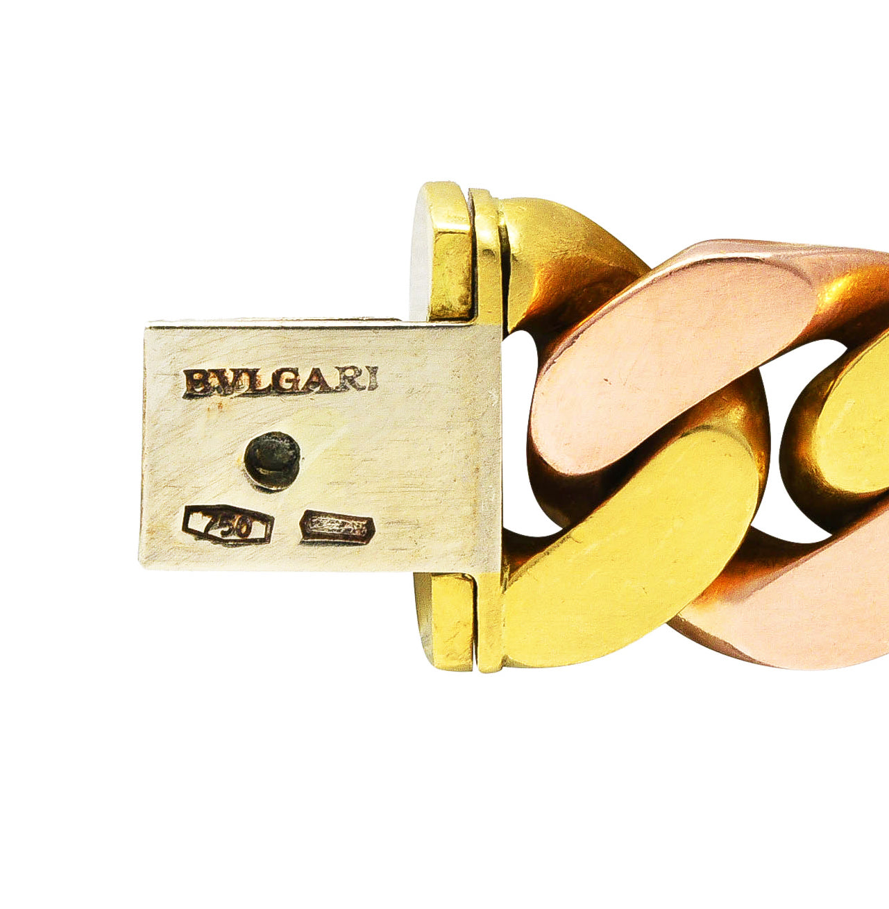 Bulgari 18 Karat Two-Tone Rose Yellow Gold Curb Link Chain Bracelet Wilson's Estate Jewelry