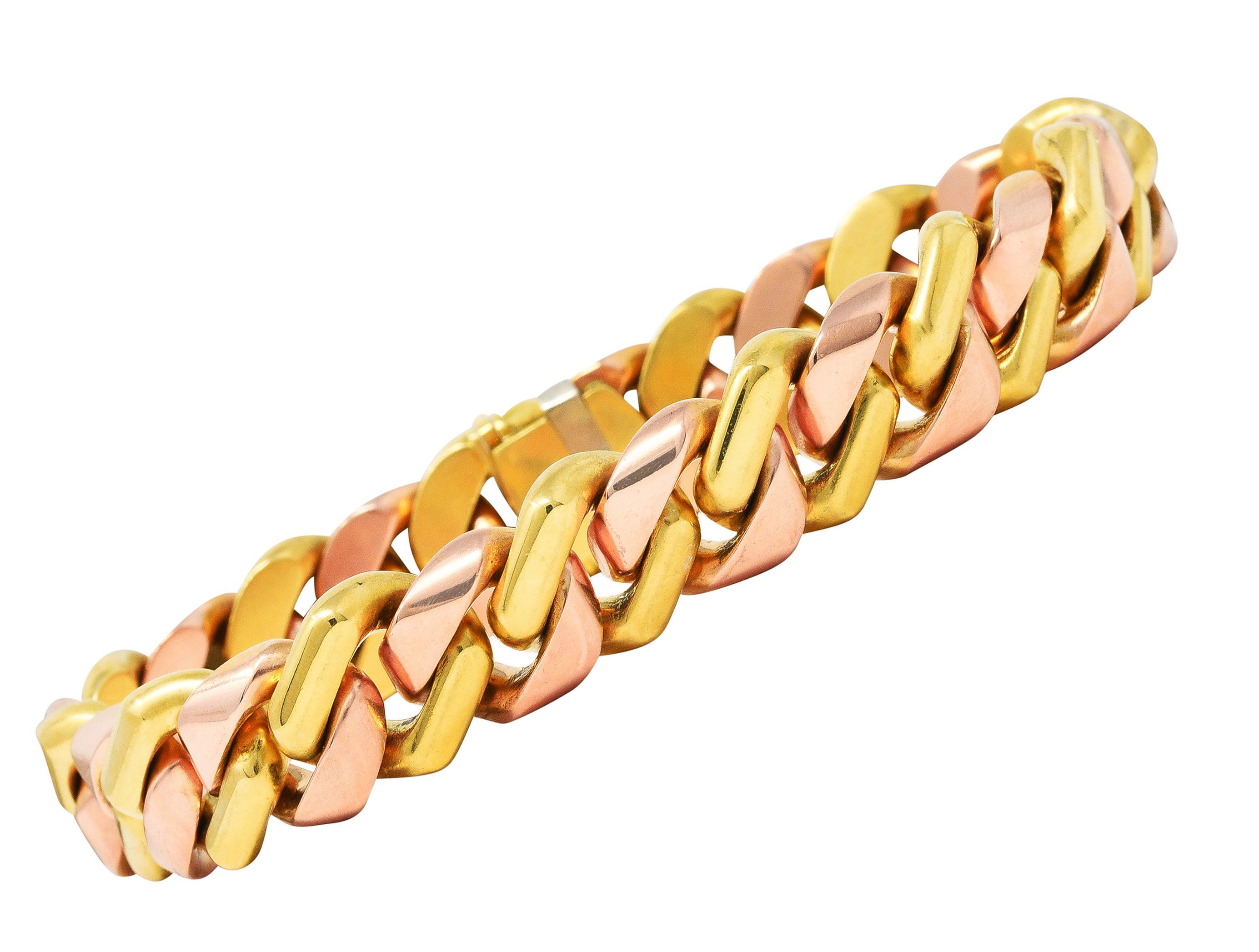 Bulgari 18 Karat Two-Tone Rose Yellow Gold Curb Link Chain Bracelet Wilson's Estate Jewelry