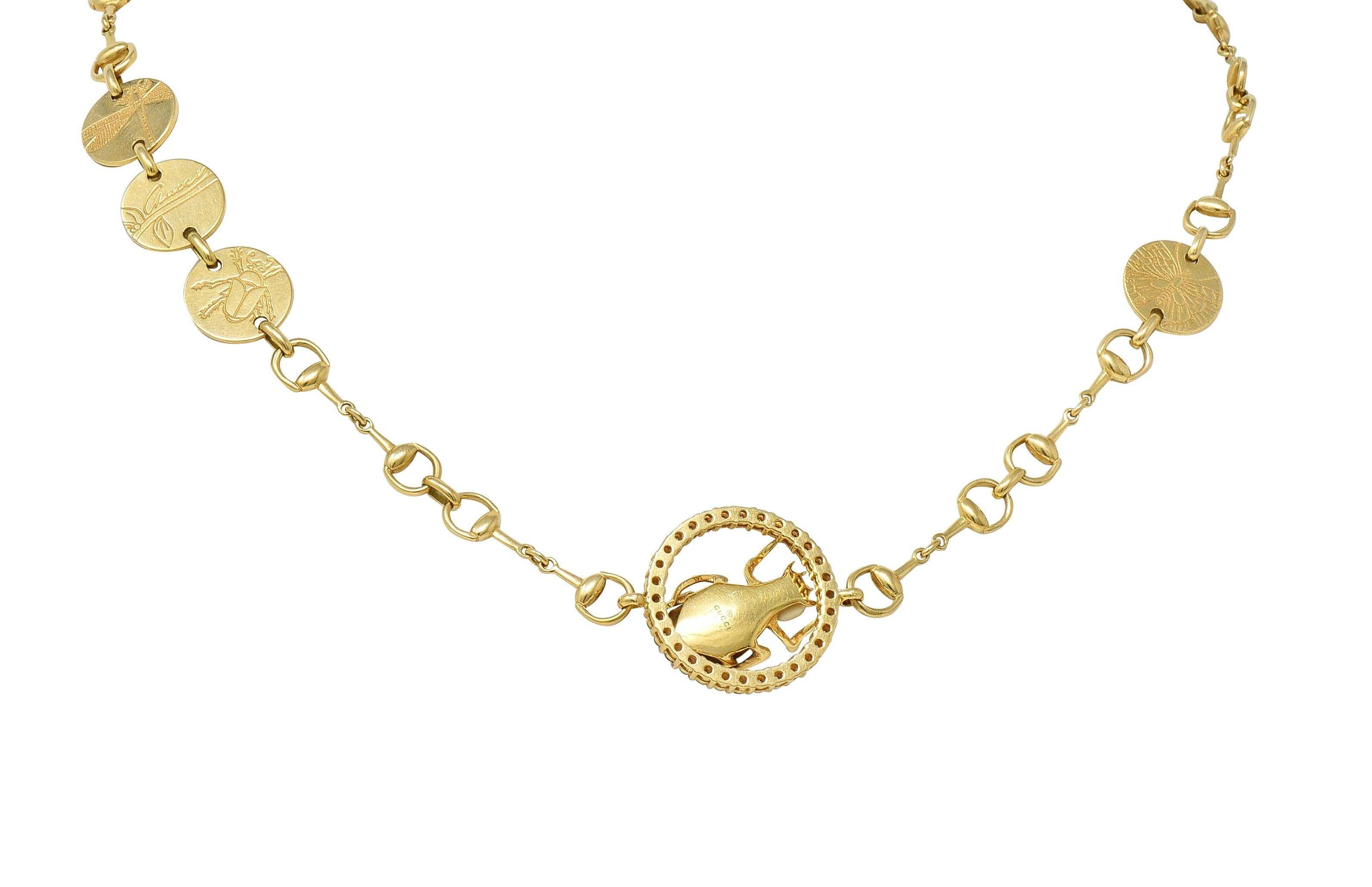 Gucci 2010 Diamond Tiger's Eye 18 Karat Yellow Gold Beetle Horsebit Necklace